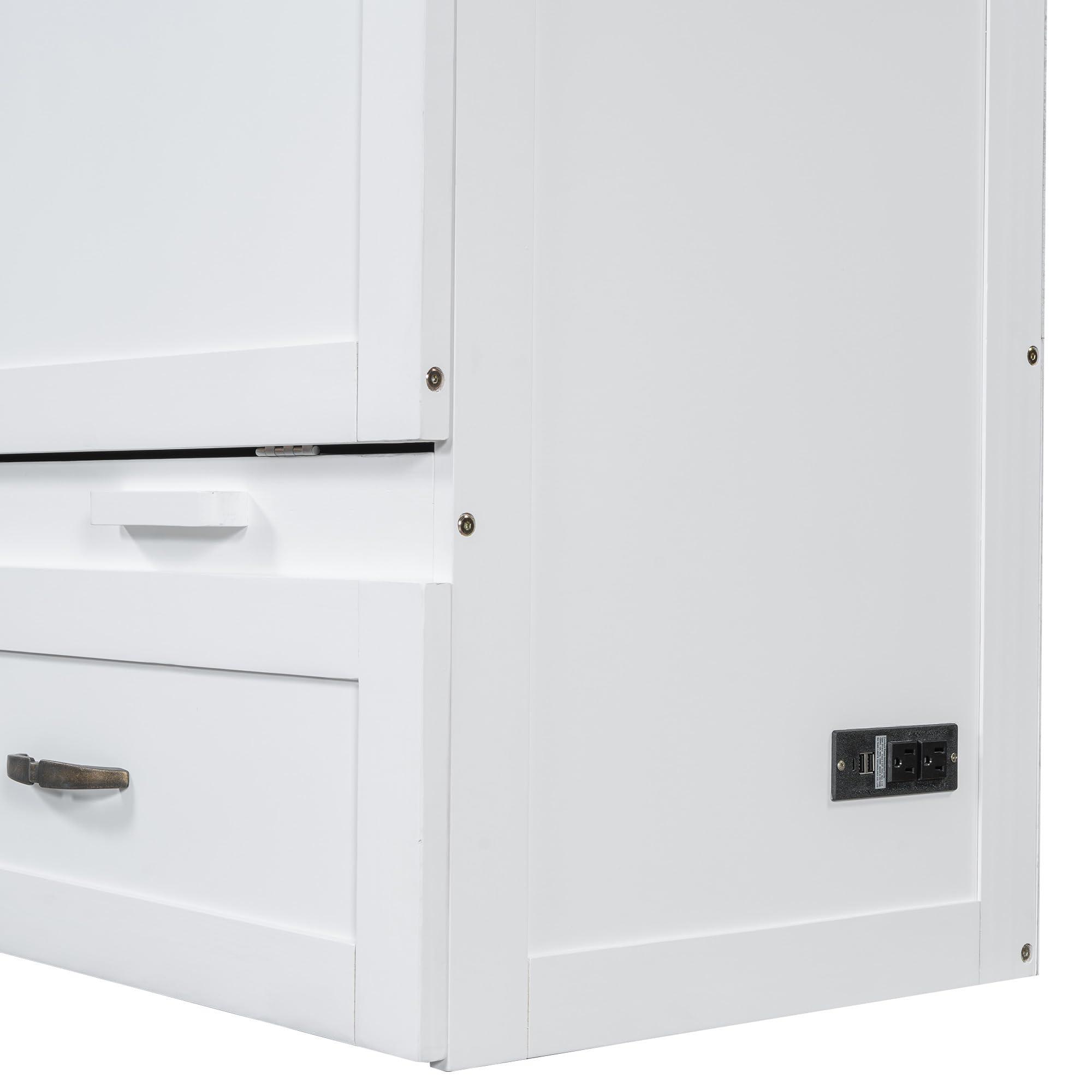 RUNNA RUNNA Full Size Versatility Murphy Bed with Large Drawer,Solid Wood Mobile Murphy Chest Bed with USB Port and Metal Handles. Foldable, Saves Bedroom Space (White#069)