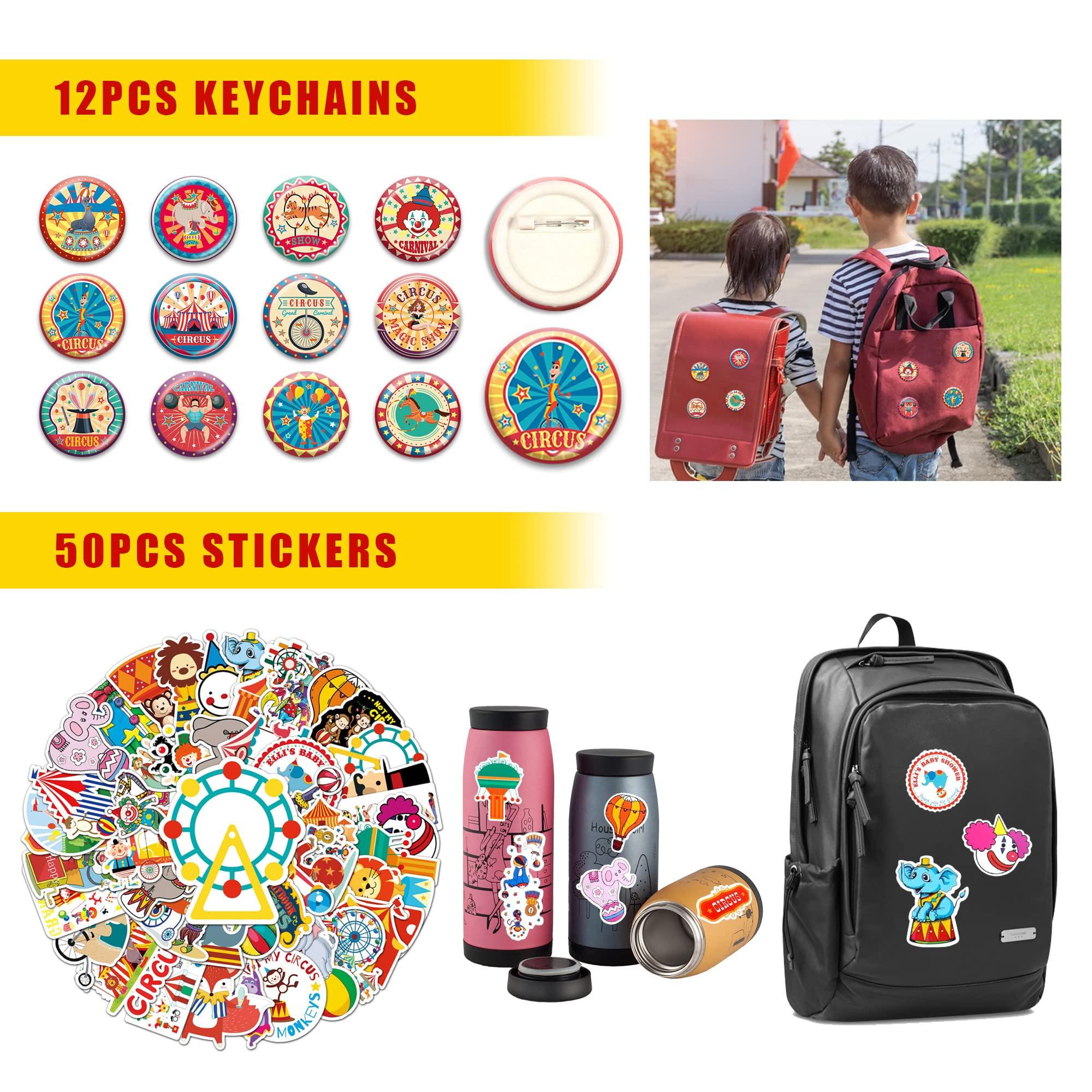 BUYWUMORE BUYWUMORE 98 PCS Circus Party Favors, Clown Keychains Goodie Bags with Stickers, Rubber Bracelets, Button pins and Bags for Circus Carnival Theme Party Supplies Baby Shower (Circus)