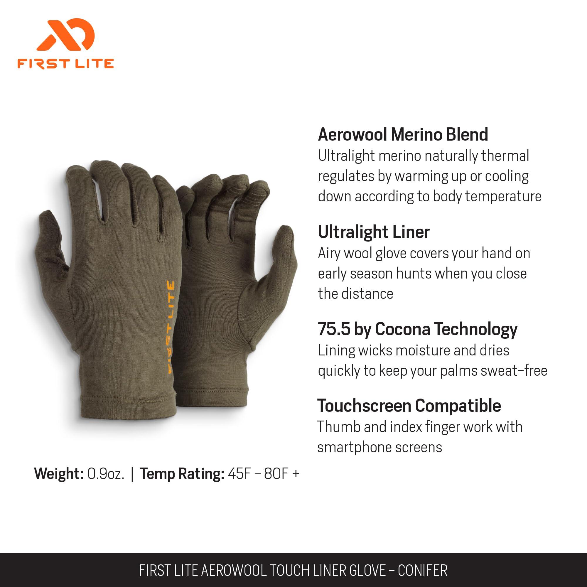 First Lite First Light Aerowool Touch Liner Merino Wool Glove - Lightweight, Touchscreen Compatible Hunting Gloves - Conifer - Large