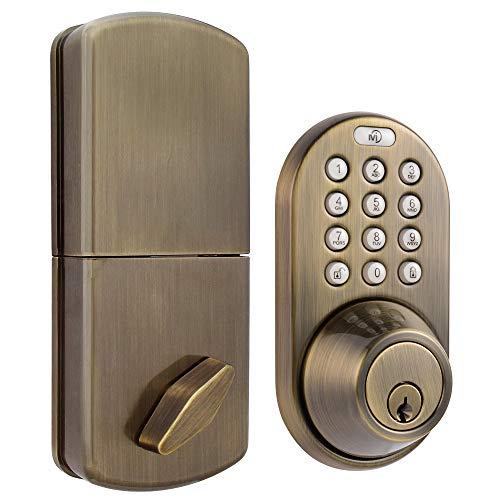 MiLocks MiLocks XF-02AQ Digital Deadbolt Door Lock with Keyless Entry via Remote Control and Keypad Code for Exterior Doors, Antique Brass