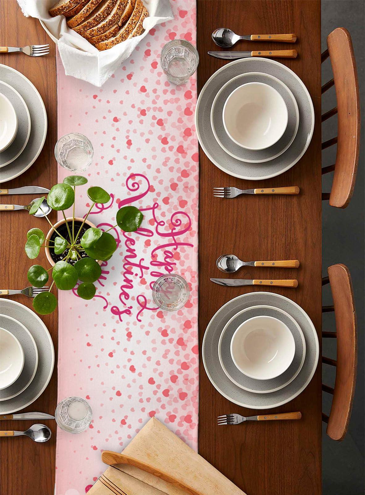 Falaniique Valentine\'s Day Table Runner 90 Inches Long, Cotton Linen Kitchen Dinner Table Runners, Burlap Tablerunner for Dresser/Dining/Party/Wedding, Romantic Dogs Sweet Heart Love Pink