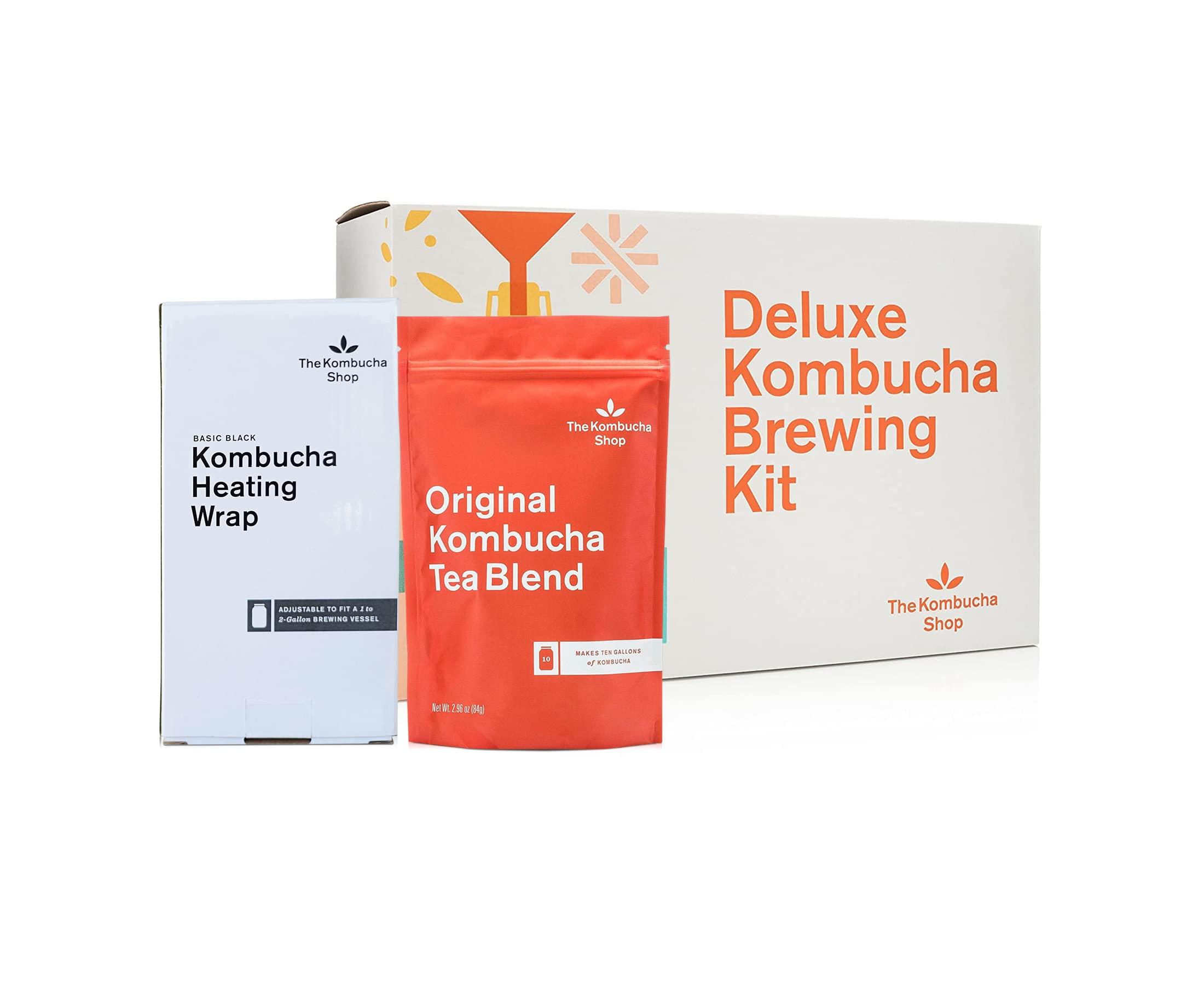 The Kombucha Shop The Kombucha Shop, Deluxe Kombucha Brewing Kit with Tea to Make an Additional 10 Gallons - Six Swing Top Bottles, Stainless Steel Funnel, Custom Bottle Brush, 10 Gallon Tea & Our Original Brewing Kit