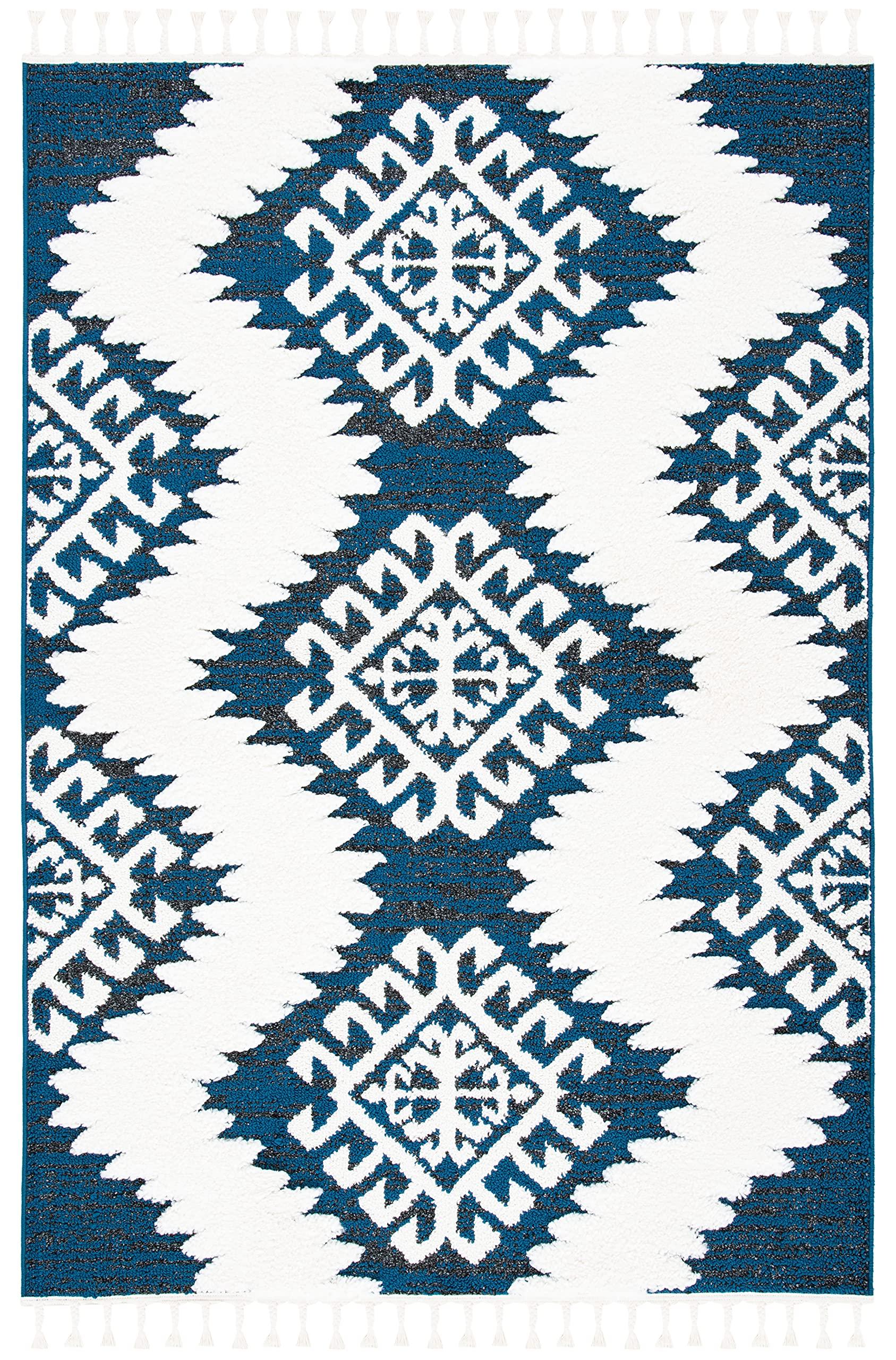 Safavieh SAFAVIEH Moroccan Tassel Shag Collection Area Rug - 9' x 12', Navy & Ivory, Boho Rustic Trellis, Non-Shedding & Easy Care, 2-inch Thick Ideal for High Traffic Areas in Living Room, Bedroom (MTS652N)