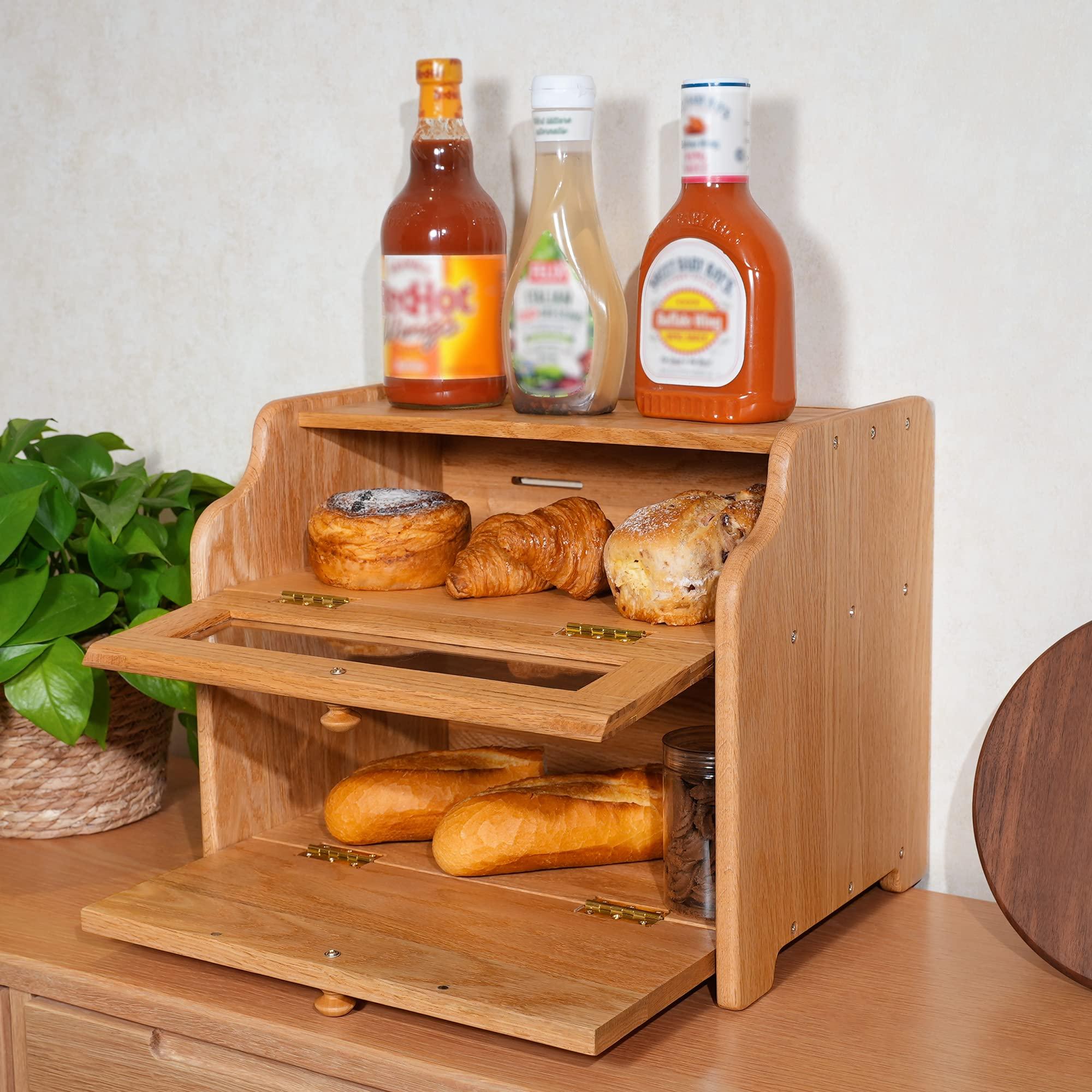 CONSDAN CONSDAN Bread Box, Solid Wood Oak Bread Box for Kitchen Countertop, Double Layer Bread Container for Bread Storage, Large Capacity Breadbox with Clear Window, Nature