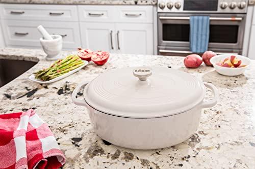 Lodge Lodge 7 Quart Enameled Cast Iron Oval Dutch Oven with Lid Dual Handles Oven Safe up to 500 F or on Stovetop - Use to Marinate, Cook, Bake, Refrigerate and Serve Oyster White