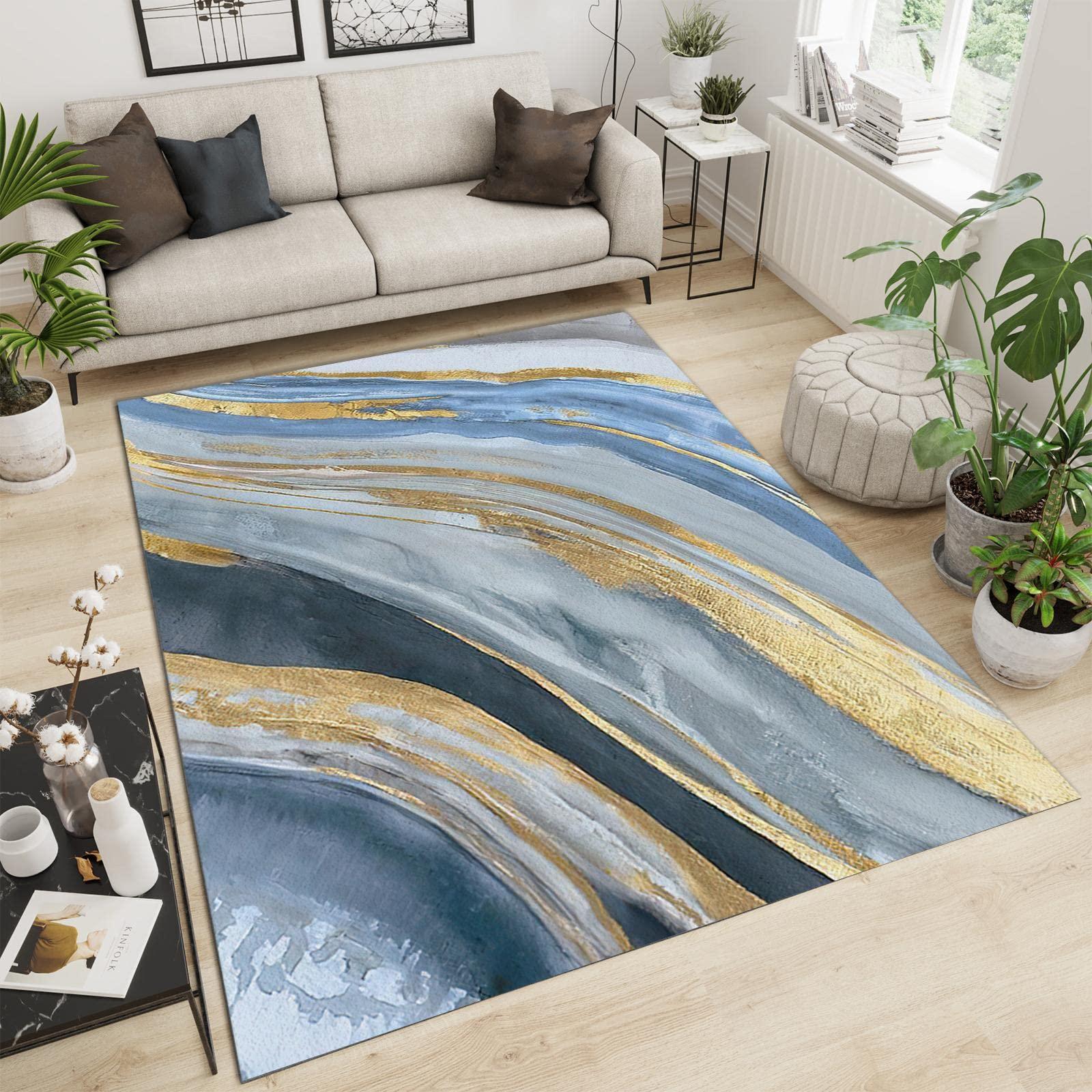 HomeLoft Basics Marble Blue Gray Wave Pattern Area Rugs, Luxury Gold Lines Indoor Throw Rug, Machine Washable Fade Resistant Printed Soft Anti-Slip Rug for Kitchen Girls Boys Nursery Living Room, 6x8ft