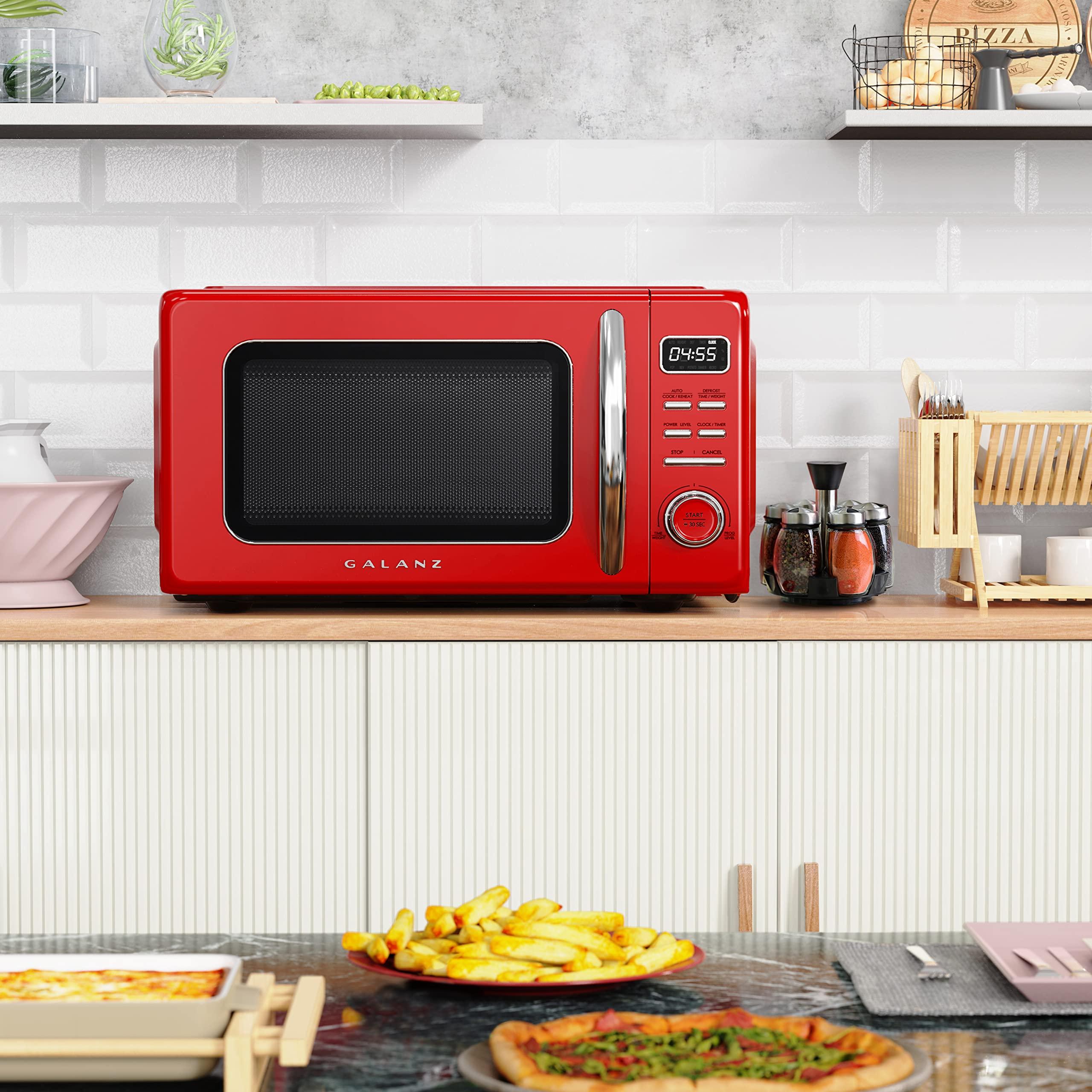 Galanz Galanz GLCMKZ11RDR10 Retro Countertop Microwave Oven with Auto Cook & Reheat, Defrost, Quick Start Functions, Easy Clean with Glass Turntable, Pull Handle, 1.1 cu ft, Red
