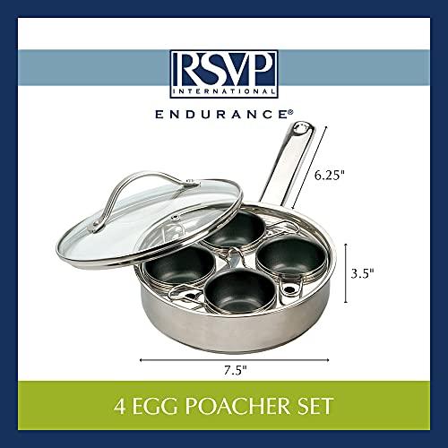 RSVP International RSVP International Endurance® Egg Poacher Set for 4 Eggs | Glass Lid with Steam Vent | Perfectly Poached Eggs | Includes Non-Stick Poaching Insert | Dishwasher Safe