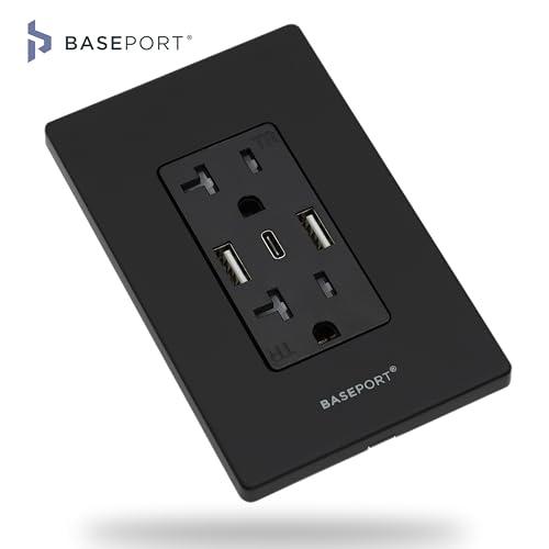 BASEPORT BASEPORT Premium Wall Outlet with USB Ports - 125V 20 Amp Outlet, 5V/6A USB Outlets Receptacles, Dual USB-A, 1 USB-C, Single Gang Black Faceplate