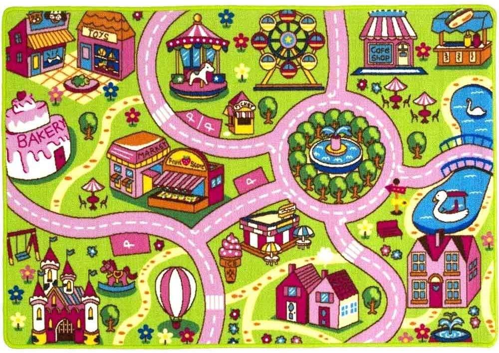 Champion Rugs Girls Roads City Map Train Tracks Cars Educational Fun Non-Slip Pink Play Mat Carpet for Kids and Children Bedrooms and Playroom (8 Feet X 10 Feet)