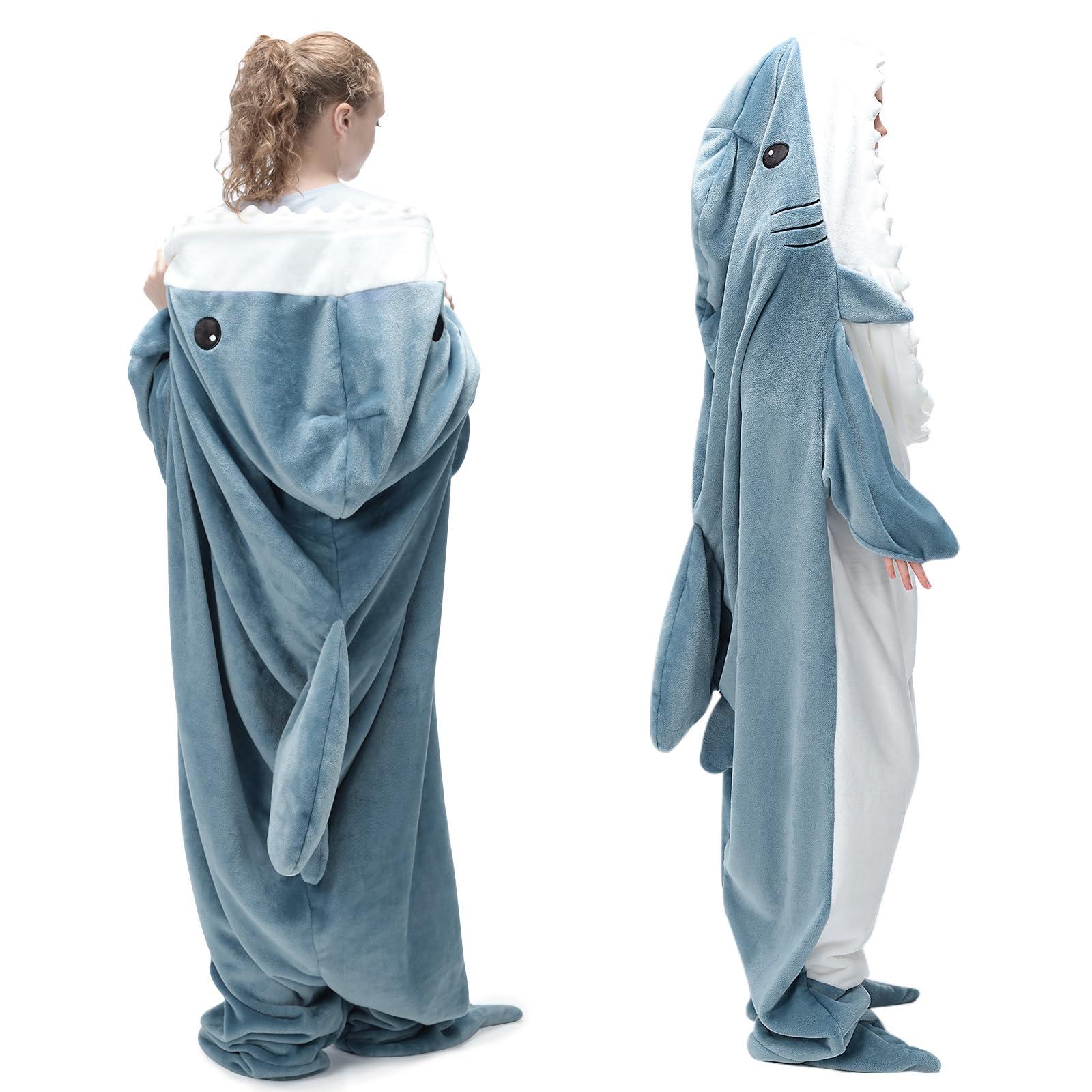 Touchat Touchat Shark Blanket Hoodie Onesie, Wearable Blanket Hoodie Adult, Warm Flannel Throw Blanket Shark Tail Sleeping Bag, Cartoon Costume Shark Onesie Funny Gifts for Adults (Blue, XL)