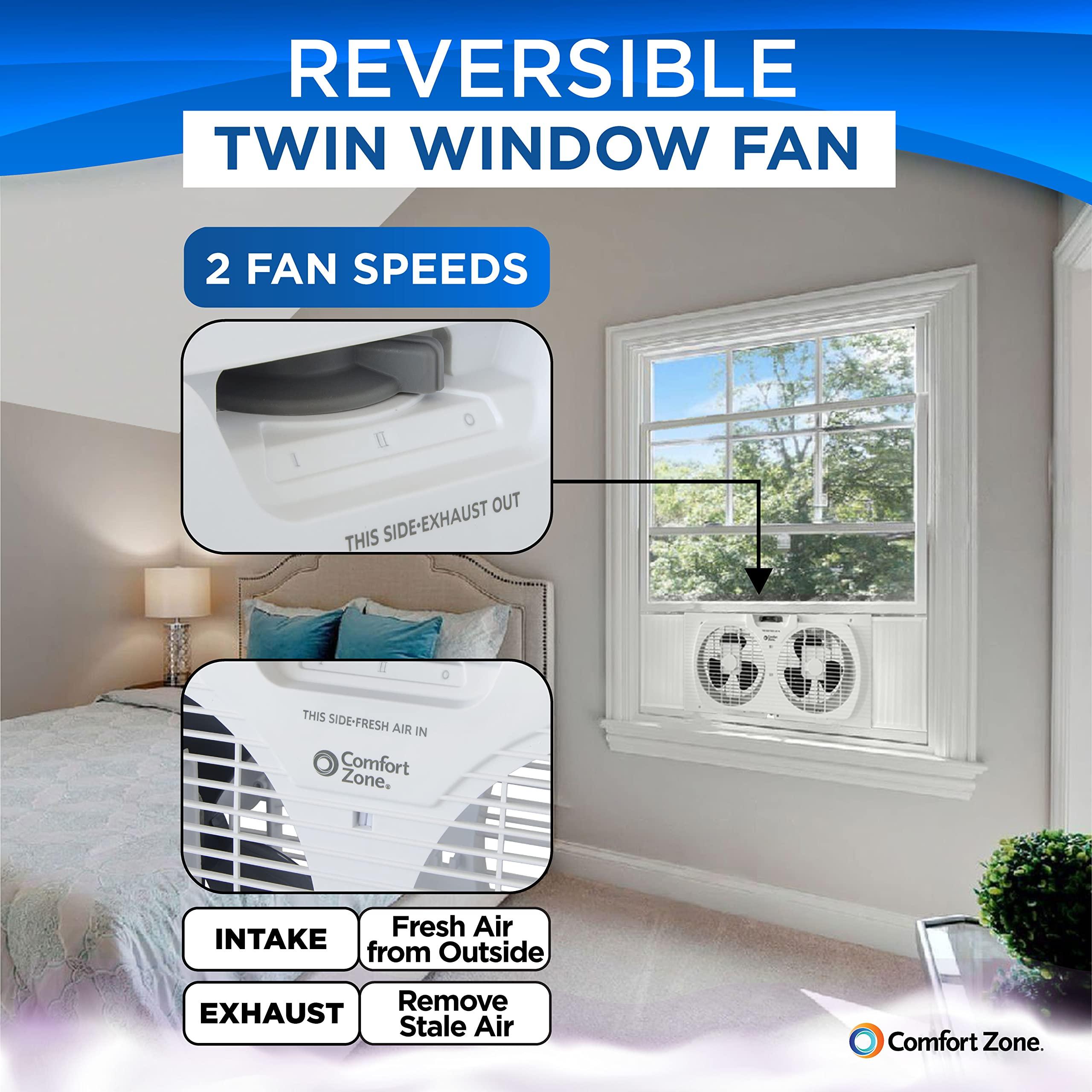 Comfort Zone Comfort Zone Twin Window Fan with Reversible Airflow Control, 9 inch, Auto-Locking Expanders, 2 Speed Fan, Dual Fan, Exhaust, Airflow 9.84 ft/sec, Ideal for Home, Kitchen, Bedroom & Office, CZ319WT
