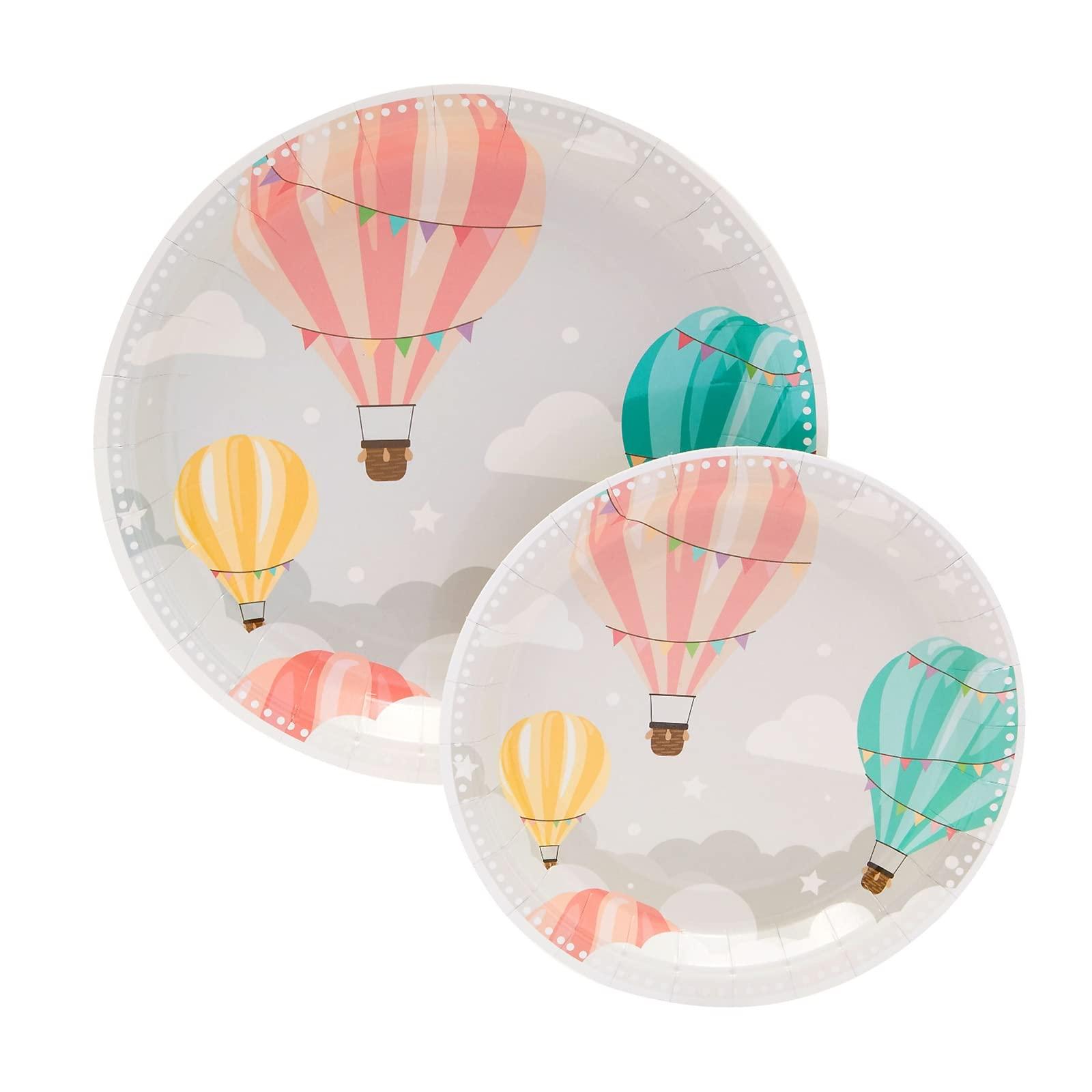 Sparkle and Bash Sparkle and Bash 168-Piece Hot Air Balloon Party Decorations for Baby Shower, Birthday Party, Disposable Dinnerware Set with Paper Plates, Plastic Cutlery, Cups, and Napkins (Serves 24)