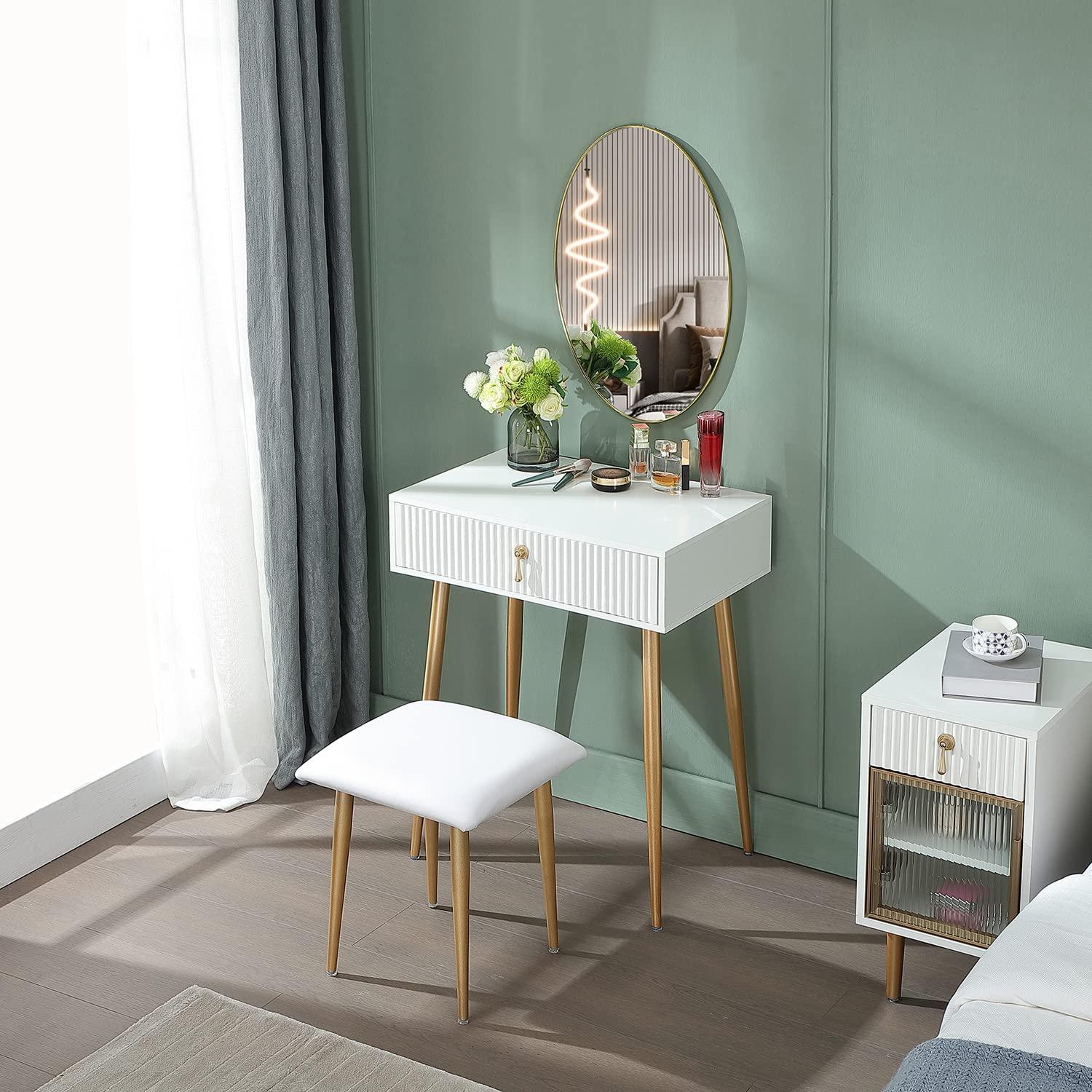 LUKYRA LUKYRA Small Vanity Desk with Drawers,Fluted Compact Makeup Table with Storage, Mini White and Gold Dressing Table (Without Mirror and Stool)