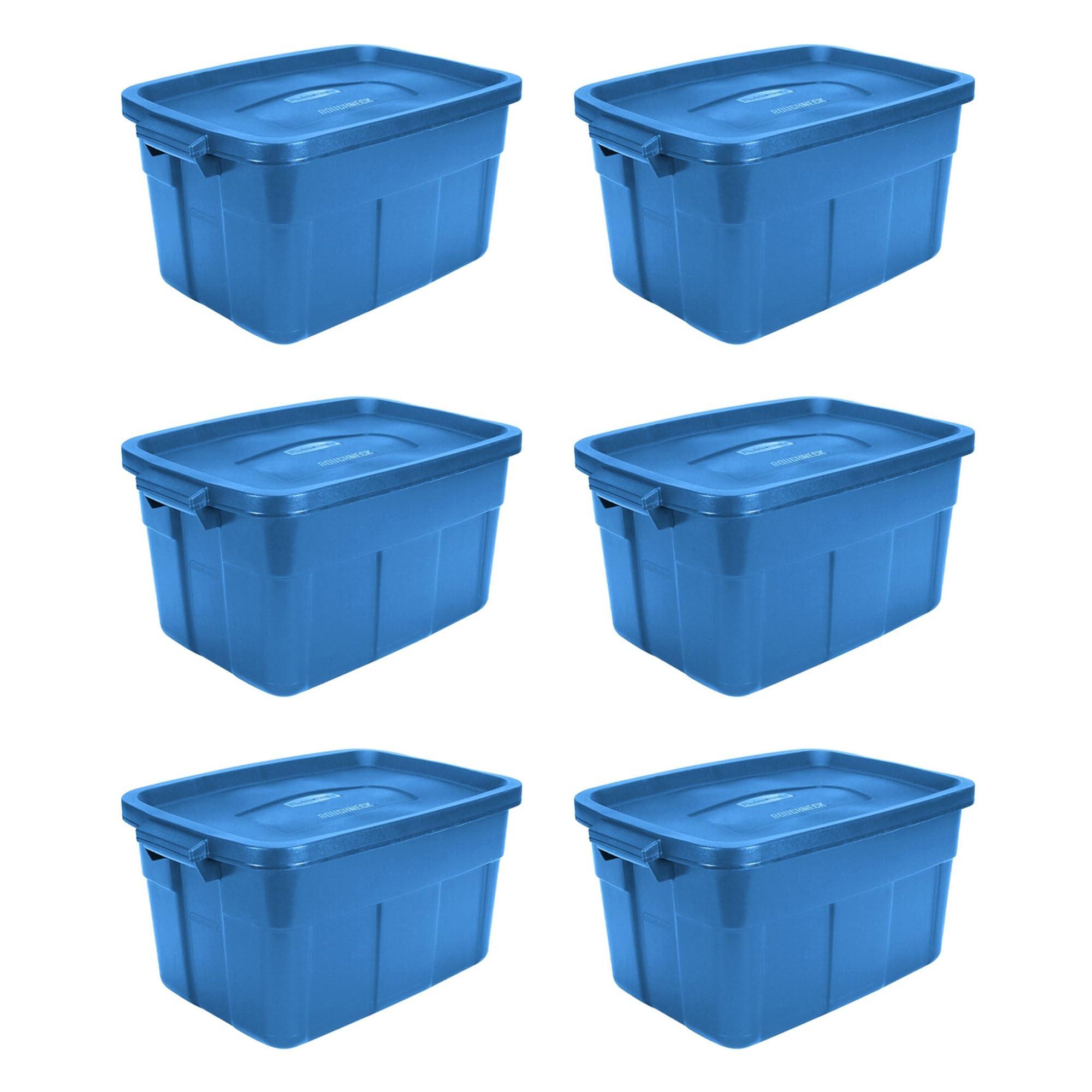 Rubbermaid Rubbermaid Roughneck Tote 14 Gal, 6 Pack, Made in USA, Herirage Blue, Rugged Plastic Stackable Storage Bins with Lids and Handles