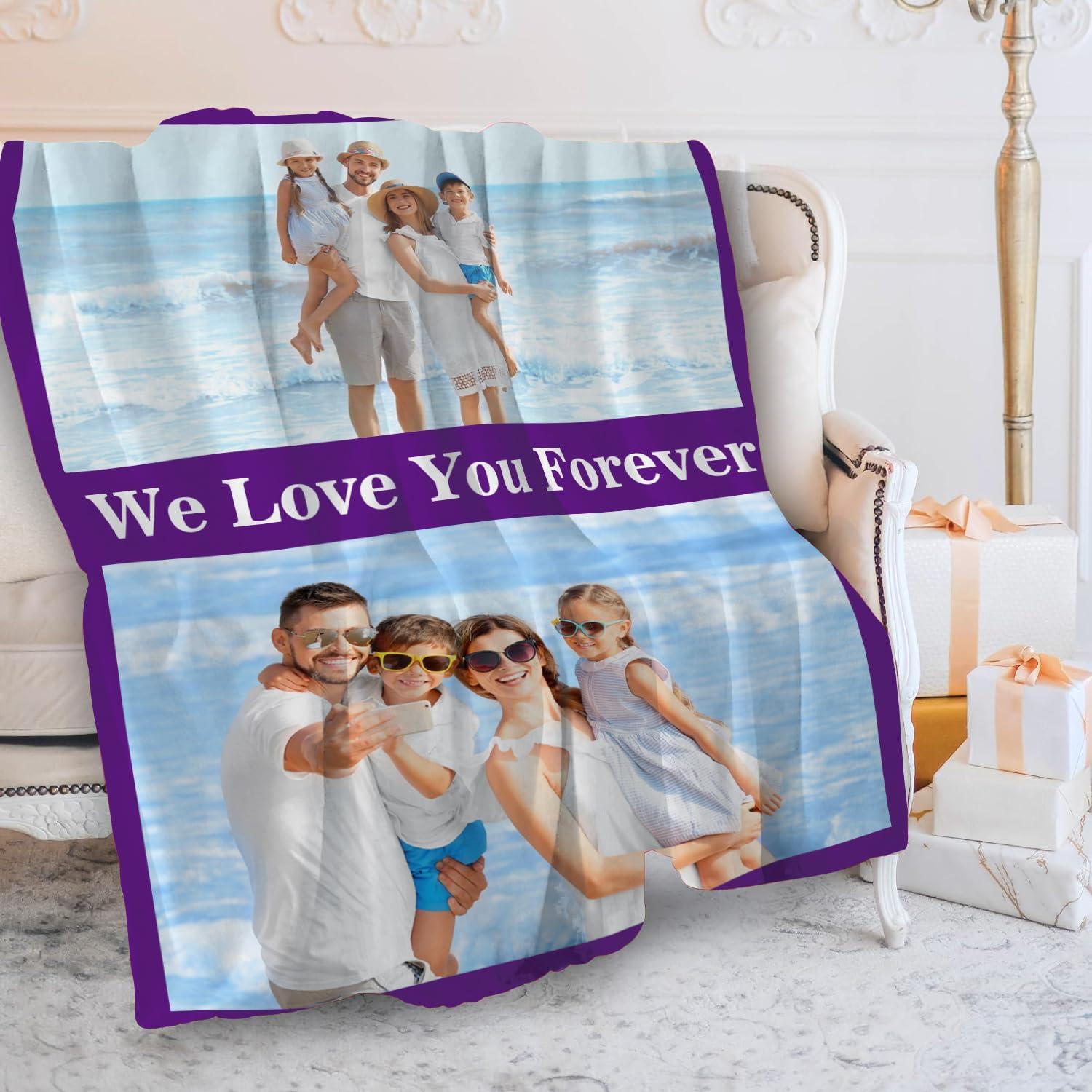 Pzwqkyn Personalized Blankets with Photos & Text, Customized Blankets with Pictures, Custom Throw Blankets for Adult Kid Birthday Christmas Halloween Fathers Mothers Valentines Day Gift, 40\" W x 50\" L