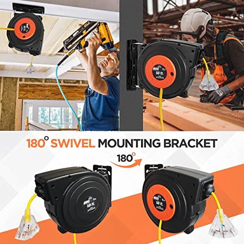 Watt\'s Wire 50 ft - 14 Gauge Retractable Extension Cord Reel - Heavy Duty Cable Reel w/Multi Outlet Lighted Receptacle - Premium Grade 13 Amp Extension Cord Retractable Reel w/Mounting Kit - by Watt\'s Wire
