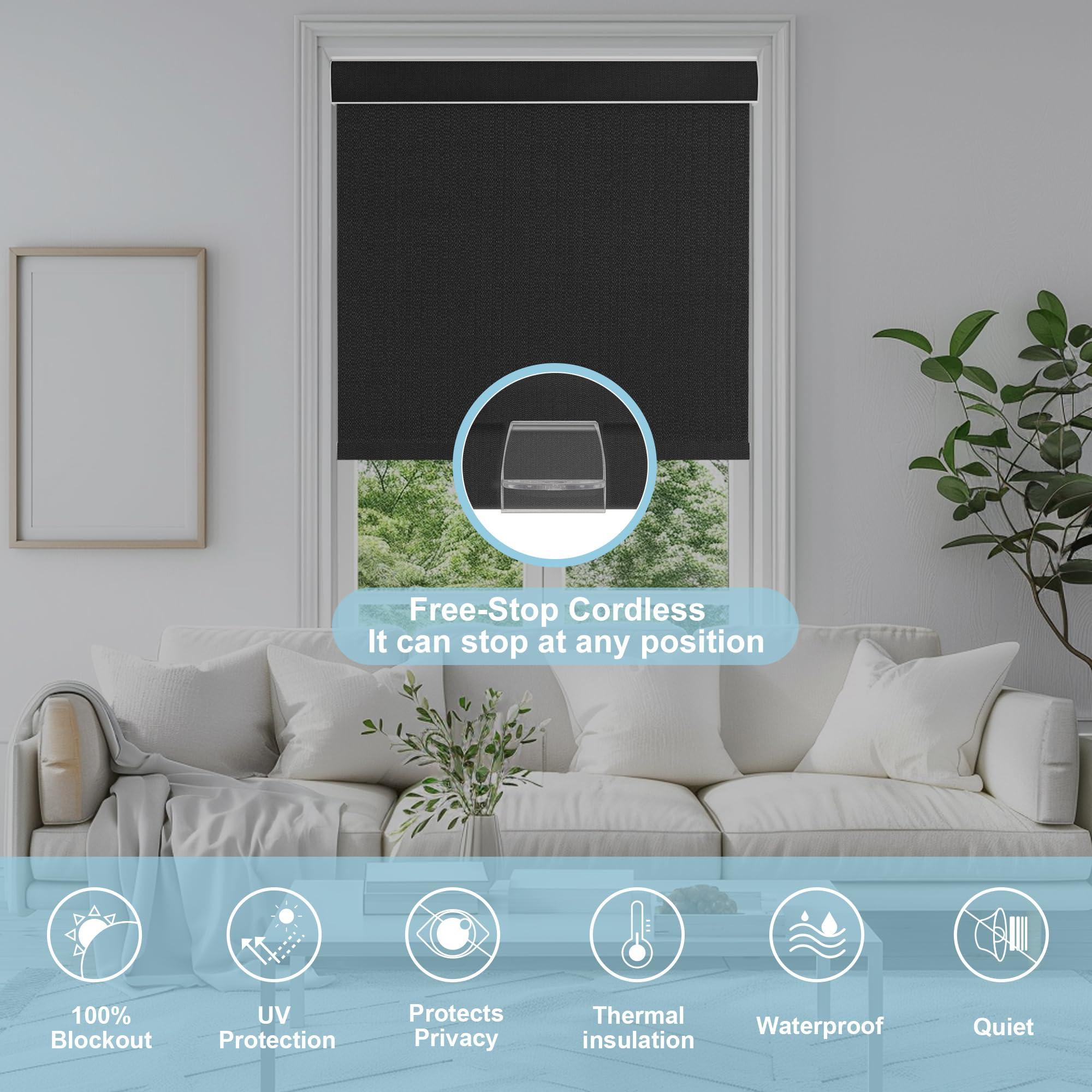 BERISSA BERISSA 100% Blackout Pull Down Window Shades Blinds for Indoor Windows Room Darkening Roller Shades Thermal Insulated Up and Down Blinds for Home Custom Shades(34.25" W x 68" H) Black