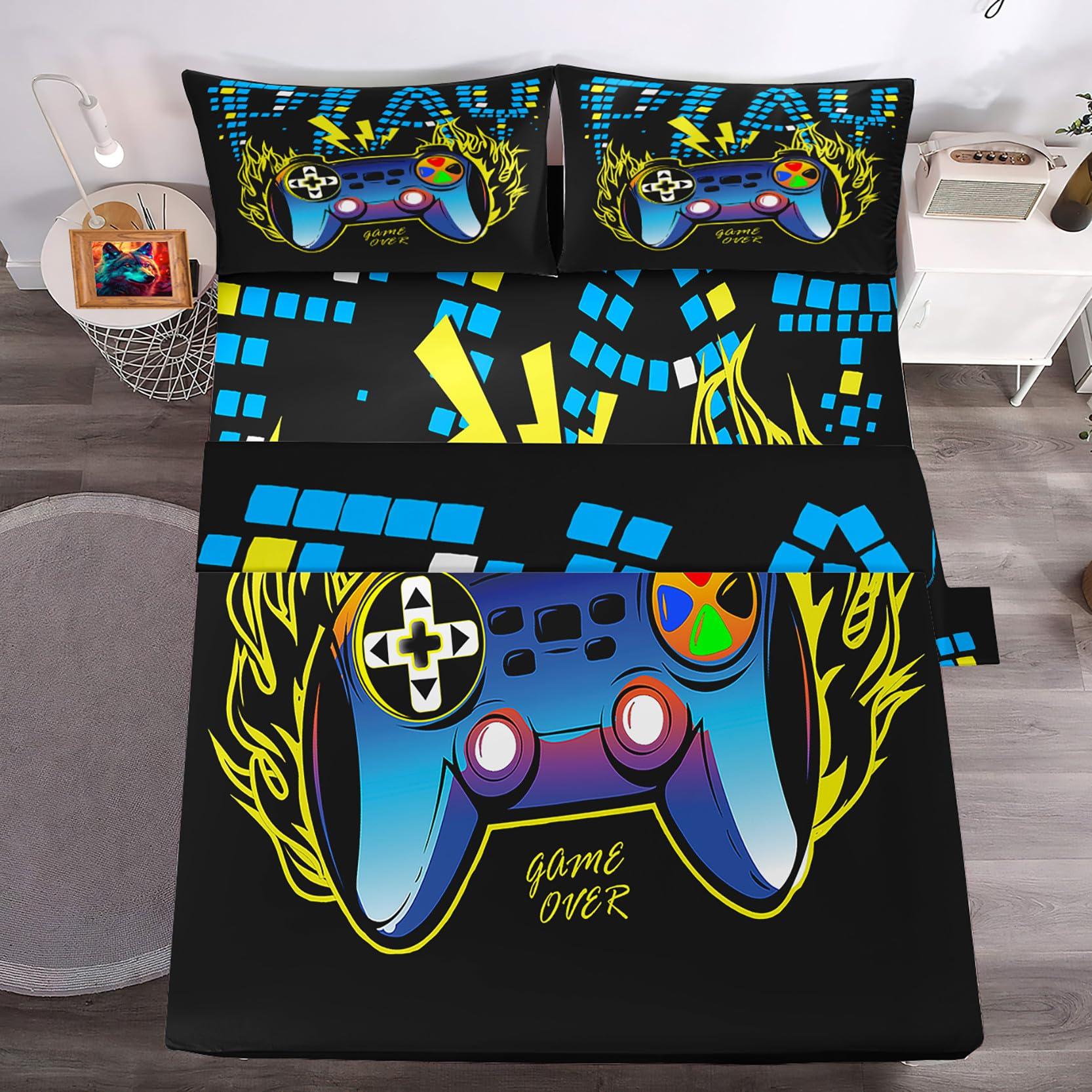 kodhyvj kodhyvj Gamepad Fitted Sheet Queen Size - Gaming Bedding Sets for Boys Bedroom Gamer Twin Sheet Set Kids Video Game Controller Fitted Bed Sheet with 1 Flat Sheet, 1 Fitted Sheet, 2 Pillowcases