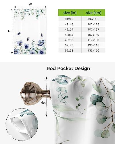 Yukro Yukro Tie Up Curtains Window Shades,Blue Tulip Flower Butterfly Eucalyptus Leaves White Background Rod Pocket Tie Up Window Shade,Adjustable Balloon Curtain Shade for Blinds Kitchen Bathroom,42"x45"