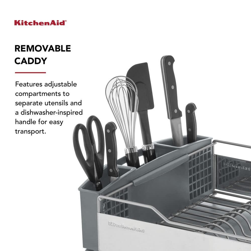 KitchenAid KitchenAid Large Capacity Full Size Rust Resistant Dish Rack with Angled Drain Board and Removable Flatware Caddy, Light Grey