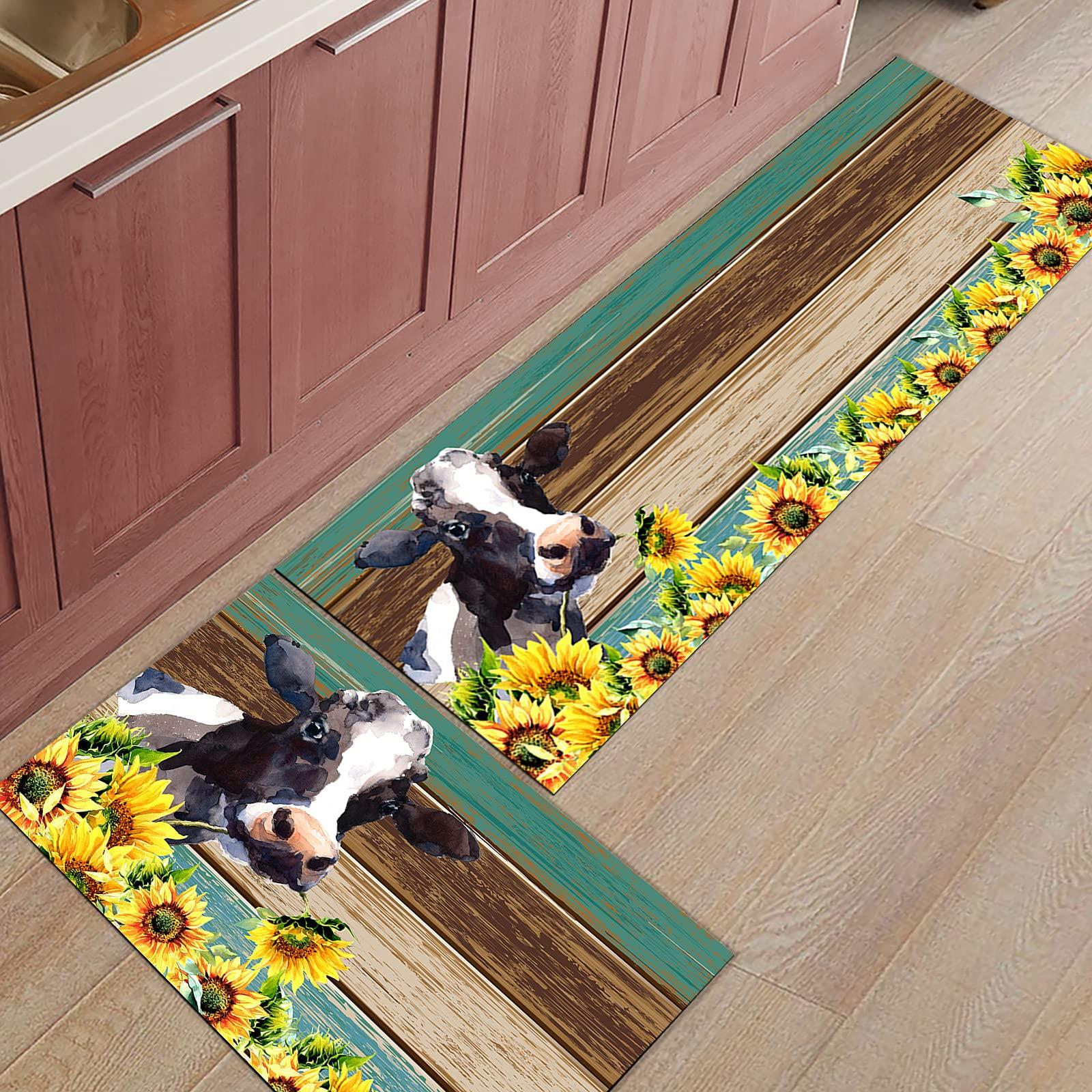 LooPoP Kitchen Rugs and Mats Non Skid Washable Sets Sunflower Cow Yellow Anti Fatigue 2 Piece Set Non Skid Waterproof Standing Rugs Teal Brown Wooden Plank