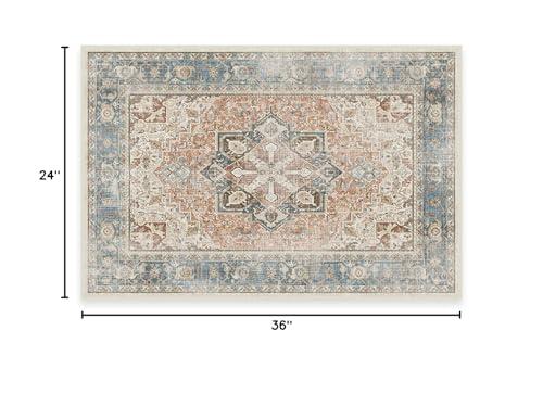 RUGGABLE Ruggable Washable 2x3 Area Rug, Kamran Coral, Premium Vintage Rugs for Living Room, Bedroom, Kitchen, Office, Classroom with Gripper Non Slip Pad