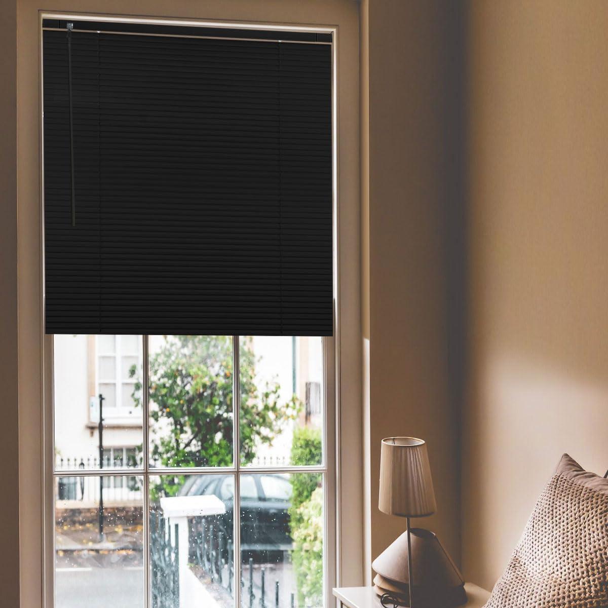 getopblinds Cordless Venetian Horizontal Blinds No Drill No Tools Blinds for Window Treatment Custom 1" Slat Aluminum Shutter Blinds Window Shade for Privacy Light Control, Easy to Install, 30" W x 52" L, Black