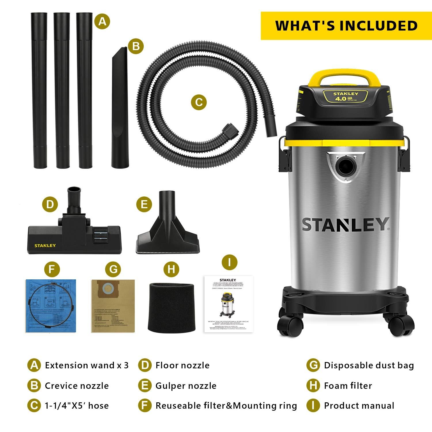 Stanley Stanley SL18129 Wet/Dry Vacuum, 4 Gallon, 4 Peak HP, Stainless Steel Tank with Top Handle, 3-in-1 Shop Vacuum Cleaner with Blower for Home, Garage, Car, Workshop, Pet Hair, Silver+Yellow+Black