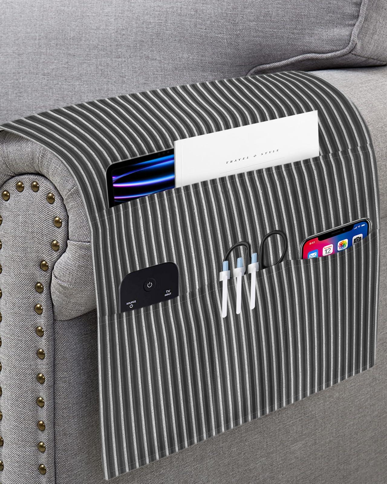 LBCASA LBCASA Sofa Armrest Organizer Bedside Caddy, Grey Striped Non Slip Couch Remote Control Holder for Recliner, Gray Modern Abstract Art Aesthetics Arm Chair Caddy with Pocket for Magazine, 13\"x35\"