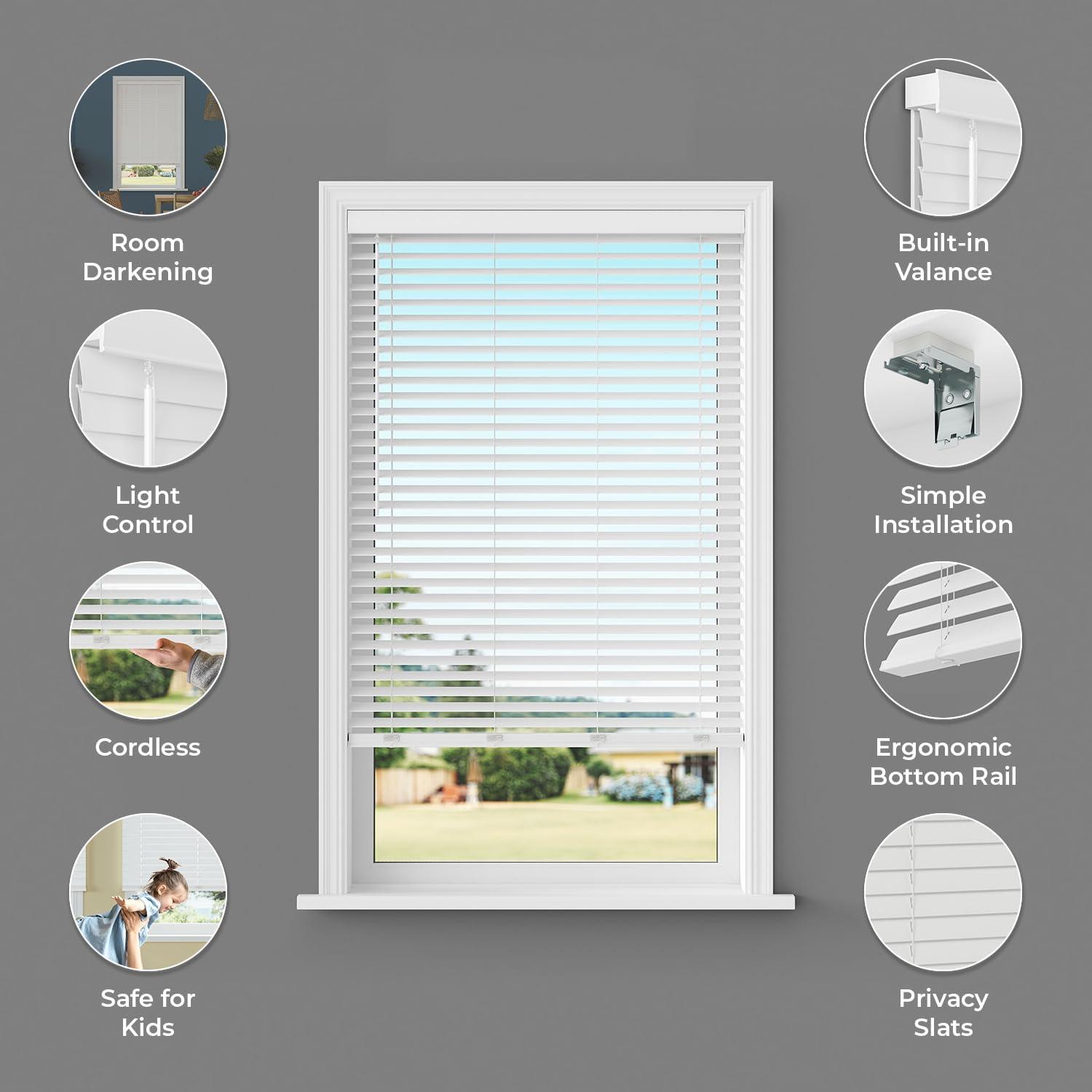 Lumino 2 Inch Cordless Room Darkening Faux Wood Blind - 68.75" W x 72" L - White, Over 1,000 Custom Sizes Starting at 18.97, Inside or Outside Mount, Venetian Shades for Interior Windows by Lumino