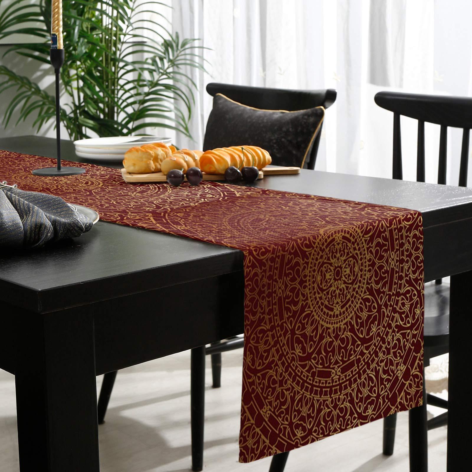 Ldtrchee Golden Simple Oriental Traditional Pattern Burlap Table Runner 72 Inches, Red Gradient Flower Cluster Bed Runner Dresser Scarves Tabletop for Indoor Outdoor Parties/Ceremony, 14\" x 72\"