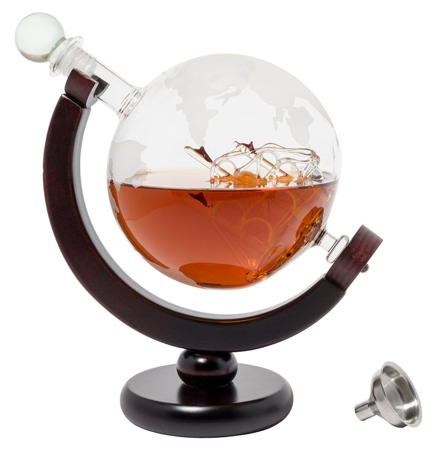 Denizli Whiskey Decanter Globe With Funnel - Handmade Etched Globe Decanter 50 Oz Set with Wooden Stand and Glass Ship inside, Perfect for Liquor, Scotch, Bourbon, Vodka or Red Wine