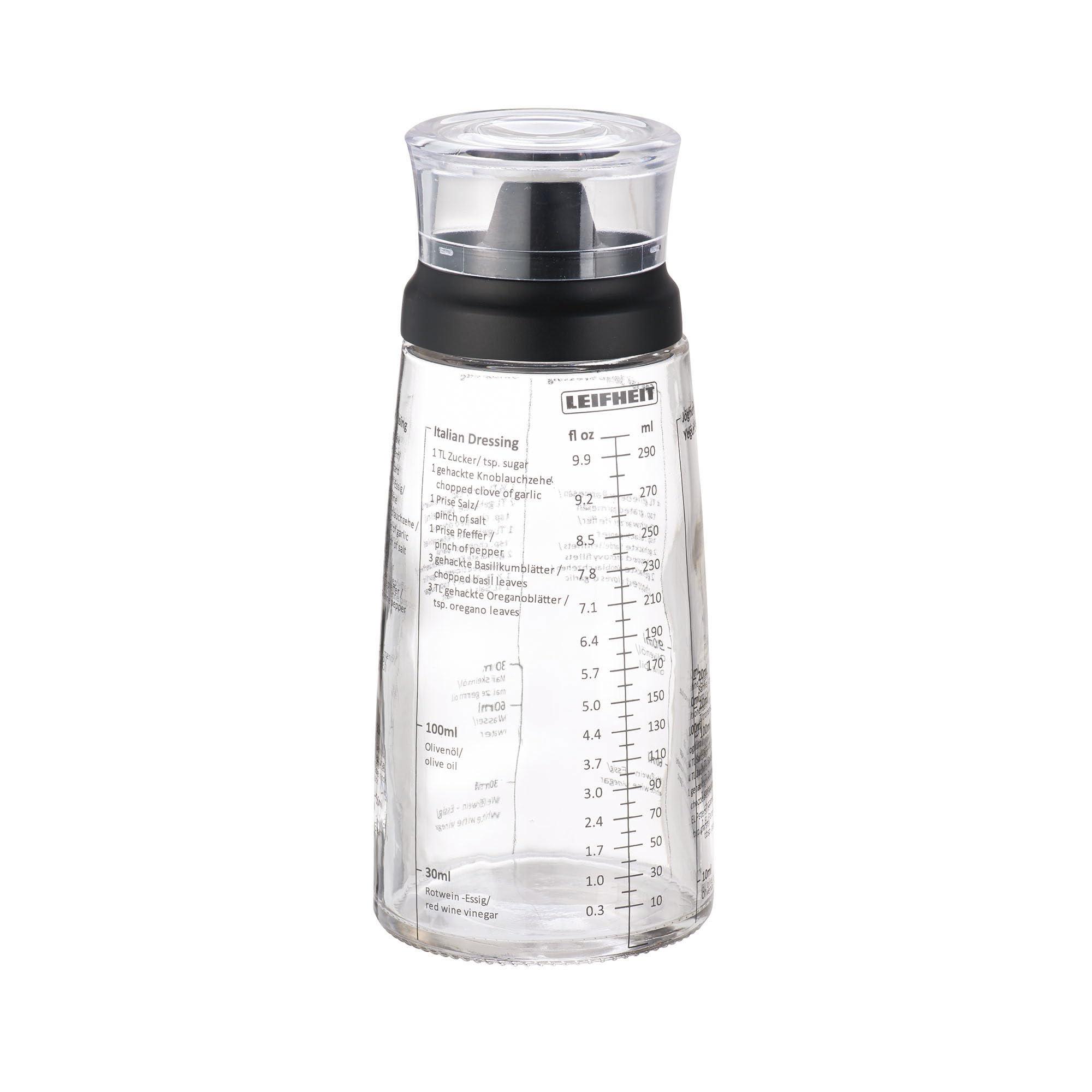 Leifheit Leifheit Glass Salad Dressing Bottle, 10 oz, Durable Glass Bottle with Plastic Lid, Non-Drip Spout, Dishwasher Safe, German Design, Elegant, Eco-Friendly, Black