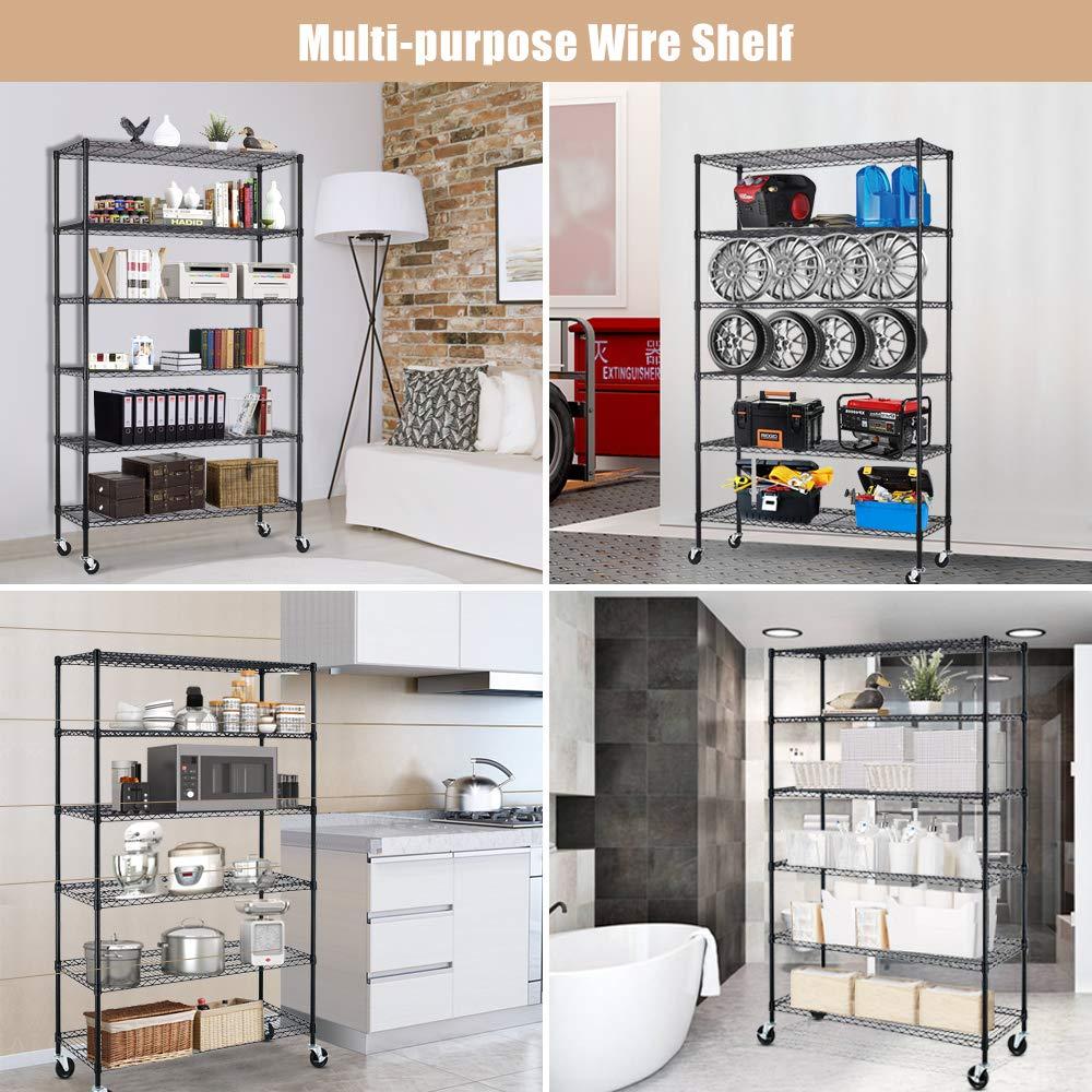 HHS 6 Tier Garage Shelving Heavy Duty 2100LBS Wire Metal Storage Shelves w/Height Adjustable Storage Rack & Casters, NSF Certified Shelving Unit 82"x48"x18", Black