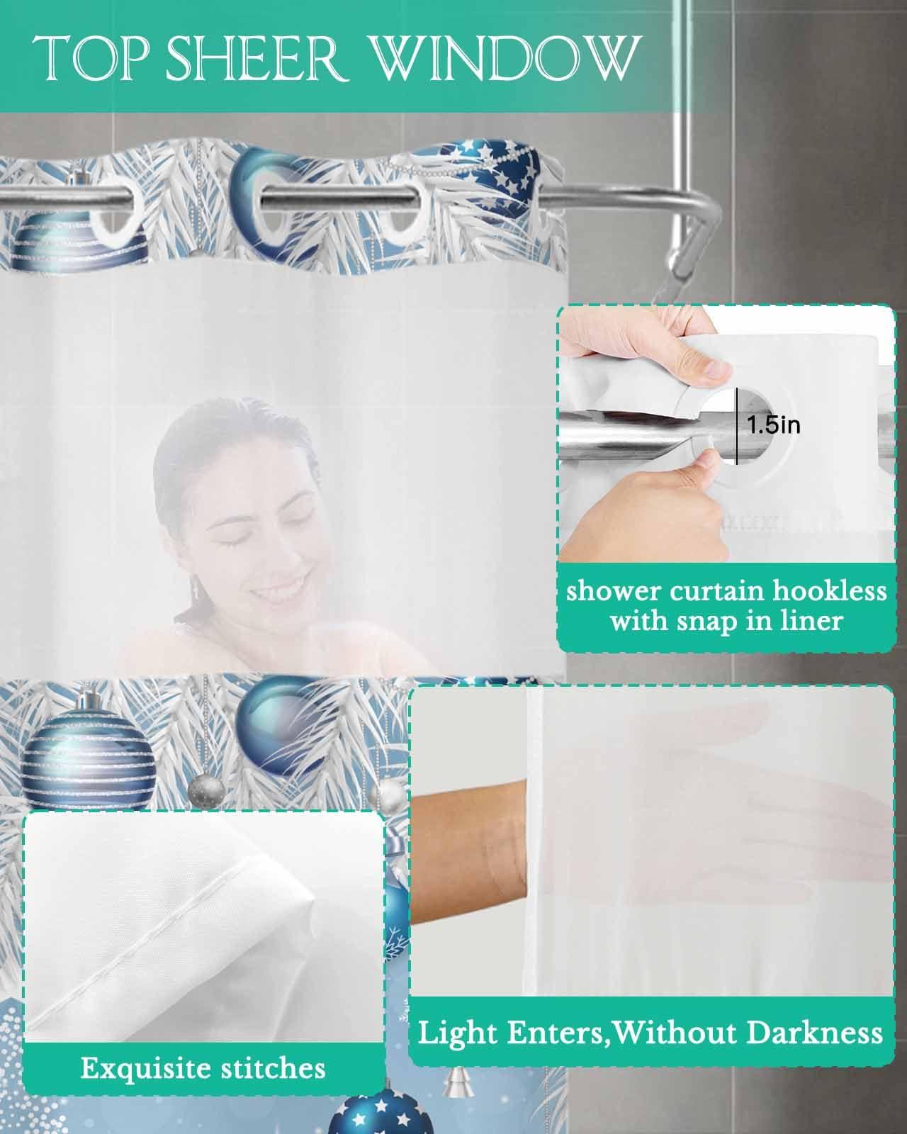 Edwiinsa No Hook Shower Curtain and Snap in Liner Set, Blue Christmas Fabric Bathroom Stall Shower Curtains 54x78 Inch, See Through Mesh Top Window, Xmas Tree Snowflake Balls Hotel Style, Washable Waterproof