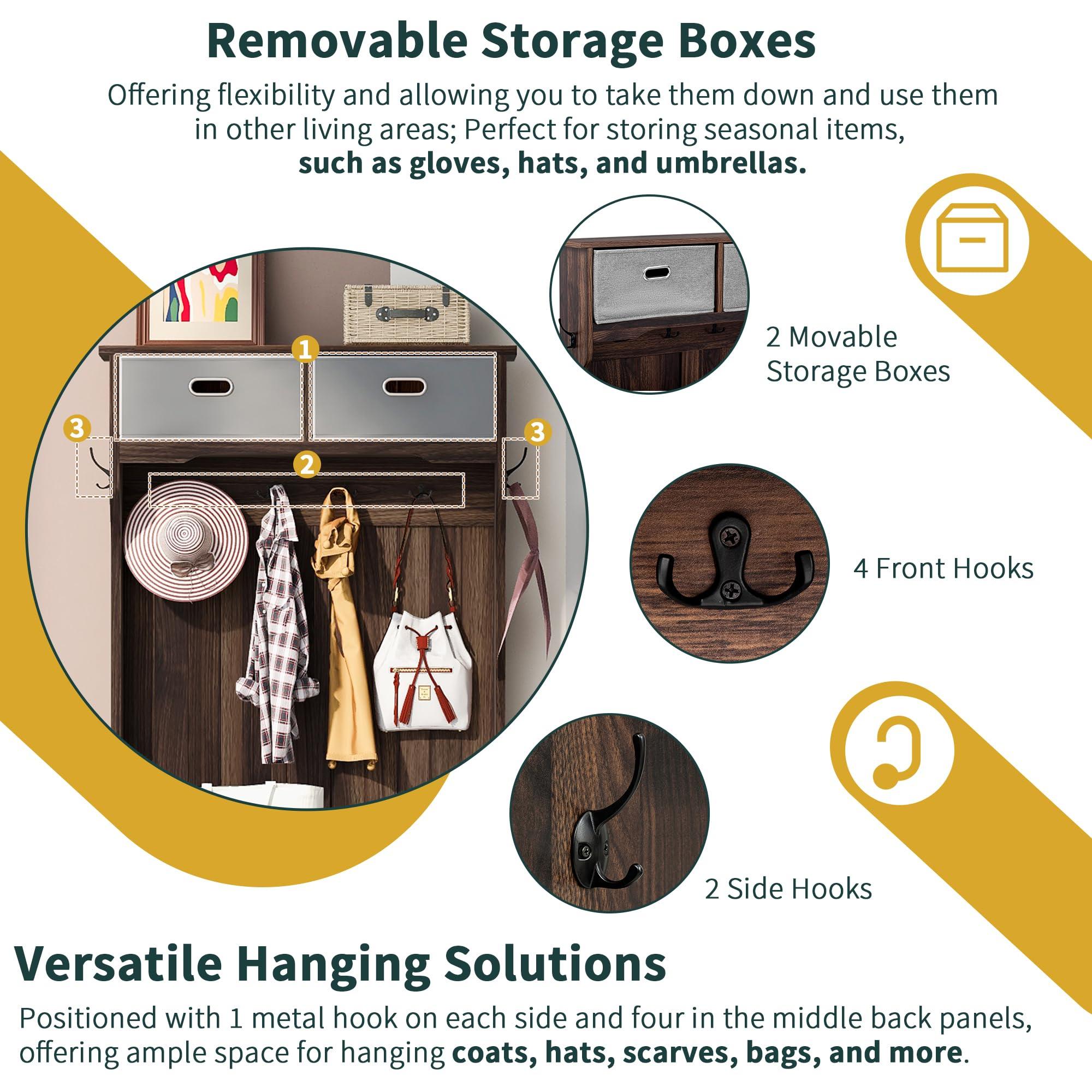 Royard Oaktree Royard Oaktree Hall Tree with Drawers and Removable Storage Boxes, Multifunctional Entryway Bench with Cushion and Shoe Rack, 3-in-1 Coat Hanger with 4 Hooks Wood Coat Tree for Hallway Mudroom, Brown