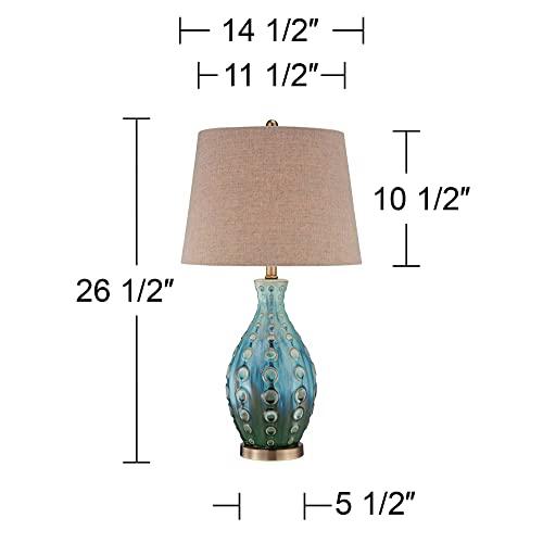 360 Lighting 360 Lighting Mid Century Modern Vase-Shaped Table Lamp 26.5" High Textured Glaze Teal Green Hand-Made Ceramic Tan Linen Drum Shade for Living Room Bedroom House Bedside Home (Color May Vary)