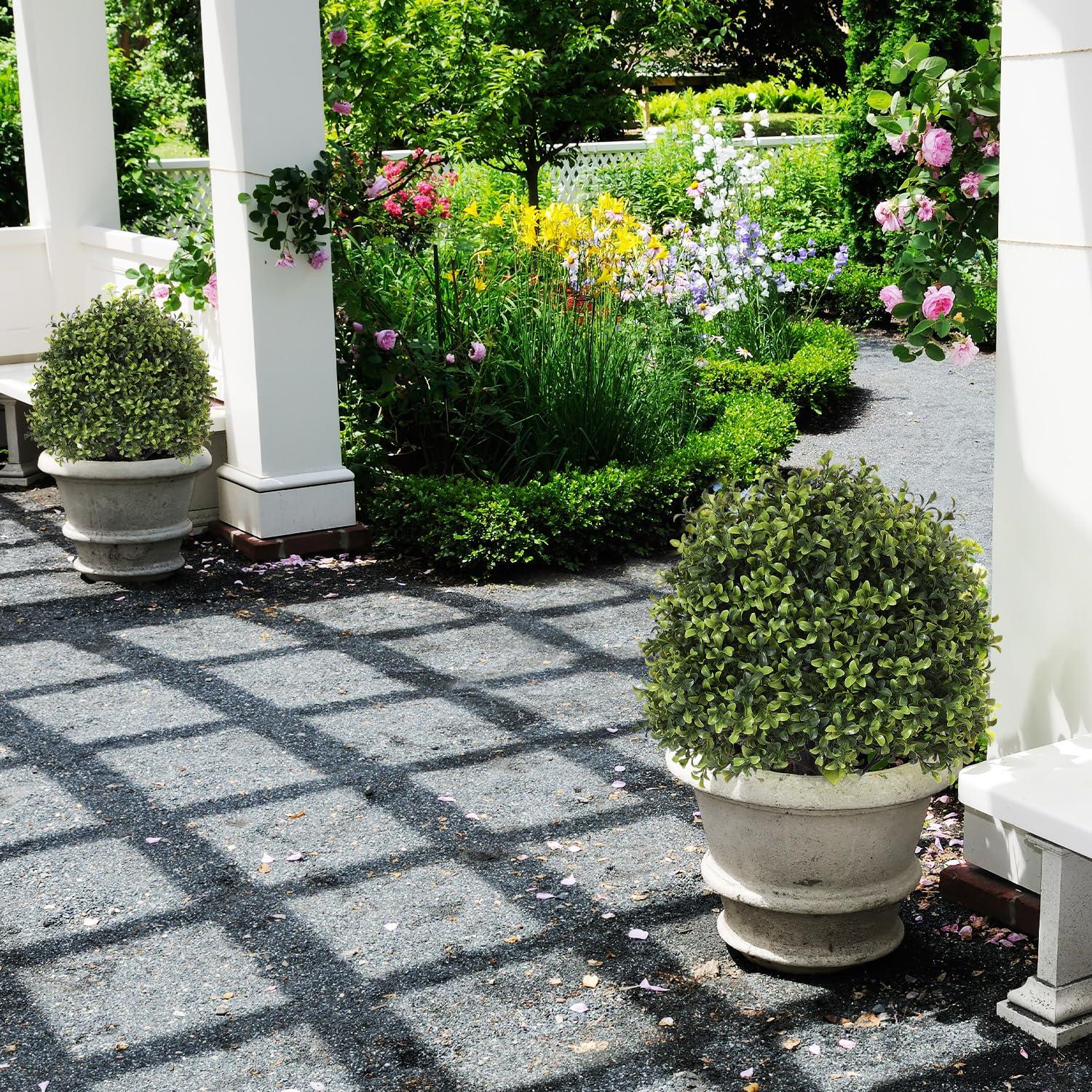 Azoco Azoco 27 Realistic Artificial Topiary Trees Set of 2, Faux Boxwood Plants Outdoor with Cement Planter, UV-Resistant Fake Evergreen Potted Ball Bushes & Shrubs for Front Porch Patio Entryway Decor