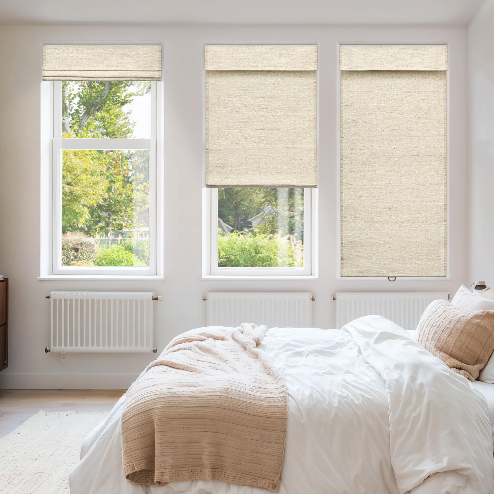 Pasoun Pasoun Cordless Roman Shades Custom Natural Linen Weaving Roman Blinds Blackout Room Darkening Window Blind Privacy Roll UP Shade for Windows Bedroom Kitchen (Beige Stripe, 22" W x 72" H)