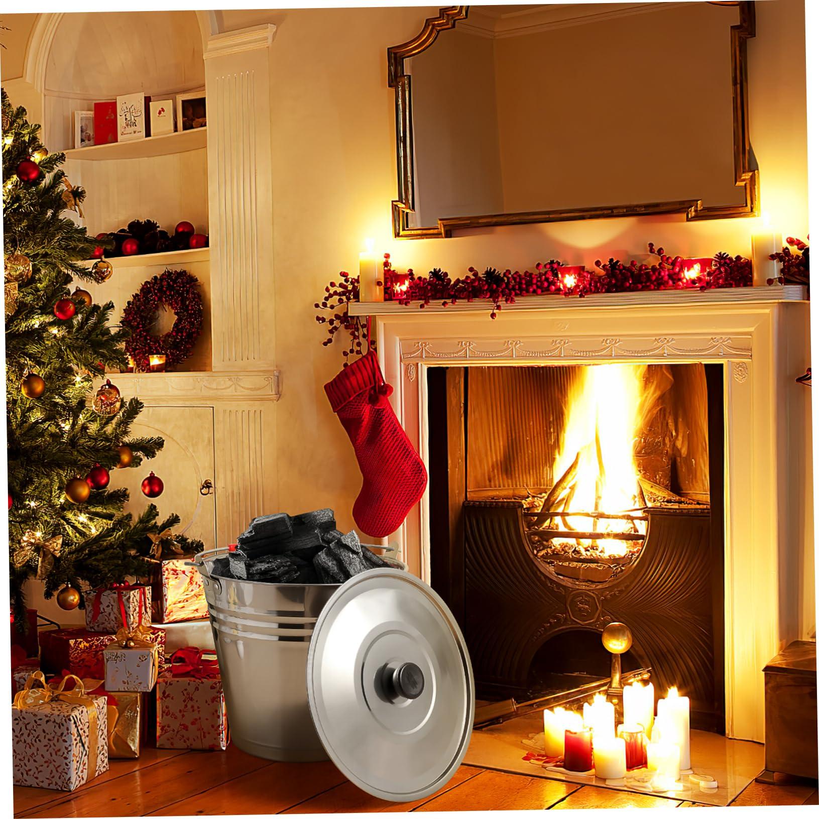 Cabilock Cabilock Ash Bucket with Lid Stainless Steel Fire Pit Ash Pail Large Capacity Outdoor Coal Bucket for BBQ