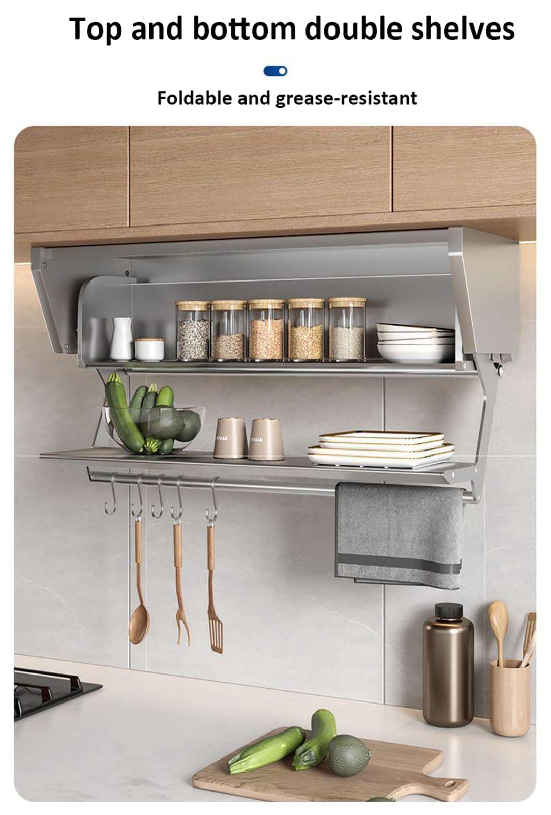 ZHDBD 2 Tier Pull-Out Cabinet Organizer, Lifting and Folding Basket, Drop Down Shelf Blind Pull-Down Dish and Spice Rack System, High Cabinet Shelf for Kitchen