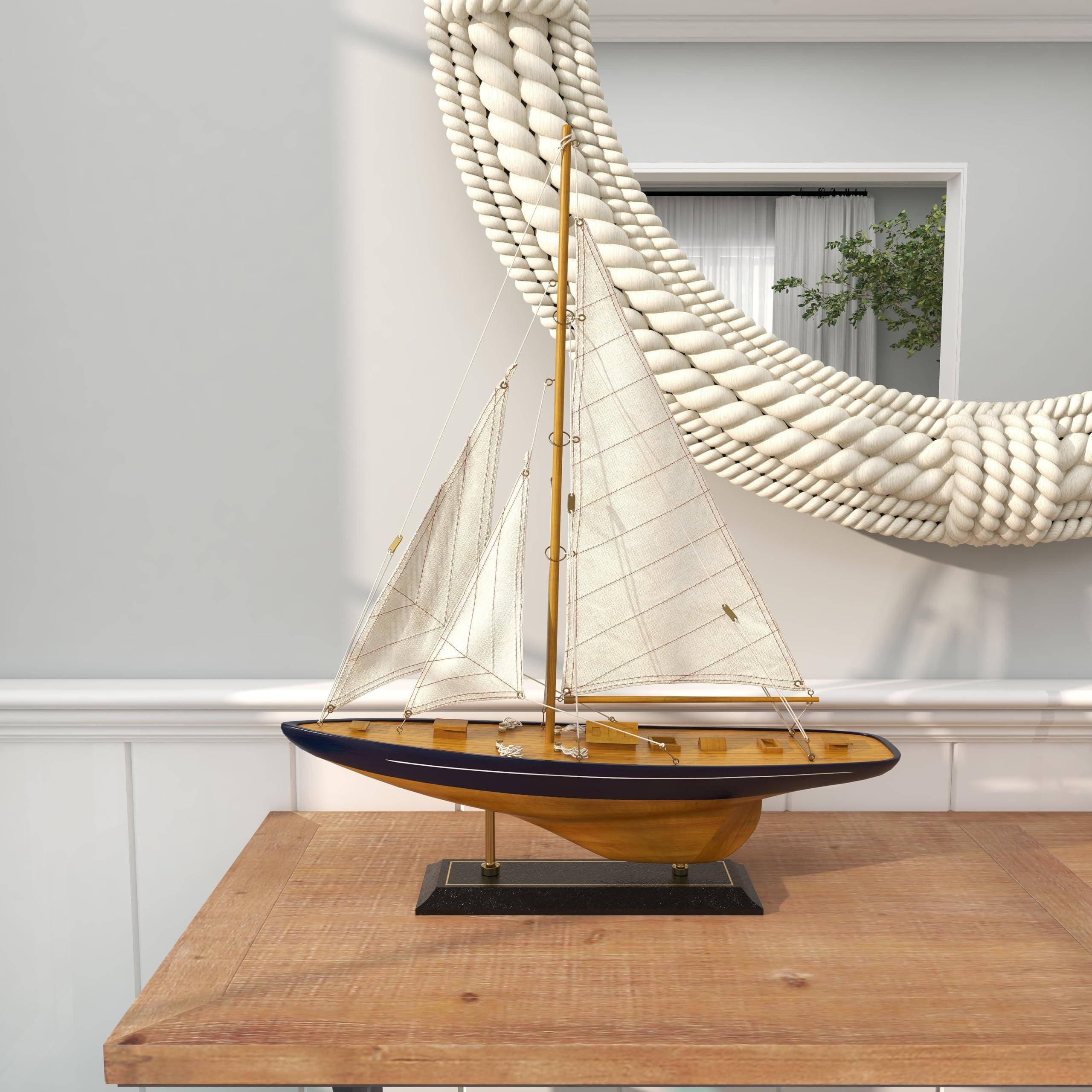 Deco 79 Deco 79 Wood Sail Boat Decorative Sculpture Home Decor Statue with Beige and Navy Accents and Lifelike Rigging, Accent Figurine 17\" x 4\" x 21\", Brown