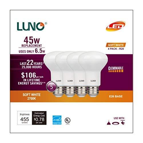 LUNO LUNO R20 Dimmable LED Bulb, 6.5W (45W Equivalent), 455 Lumens, 2700K (Soft White), Medium Base (E26), UL Listed (4-Pack)