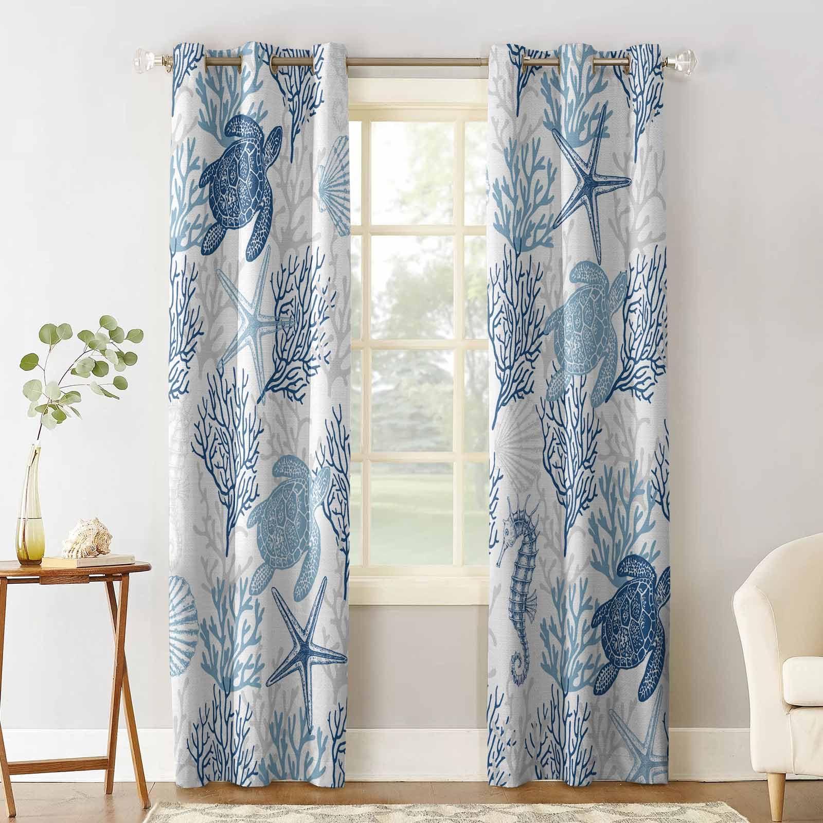 Double Love Coral Turtle Blackout Curtains 54 Inches Long for Bedroom,Thermal Insulated Room Darkening Black Out Living Room Window Curtain Panels Drapes,Summer Ocean Coastal Shell Starfish Seahorse 104x54