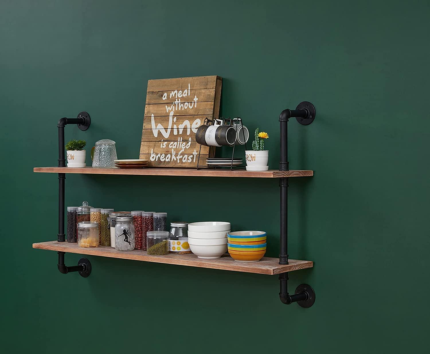 HDDFER Pipe Shelves Industrial Pipe Shelving Shelves Real wood Industrial Floating Pipe Shelves with Wood planks 48 inch Industrial Wall Shelves Rustic Hanging Bookshelf Farmhouse Kitchen Bar Shelving