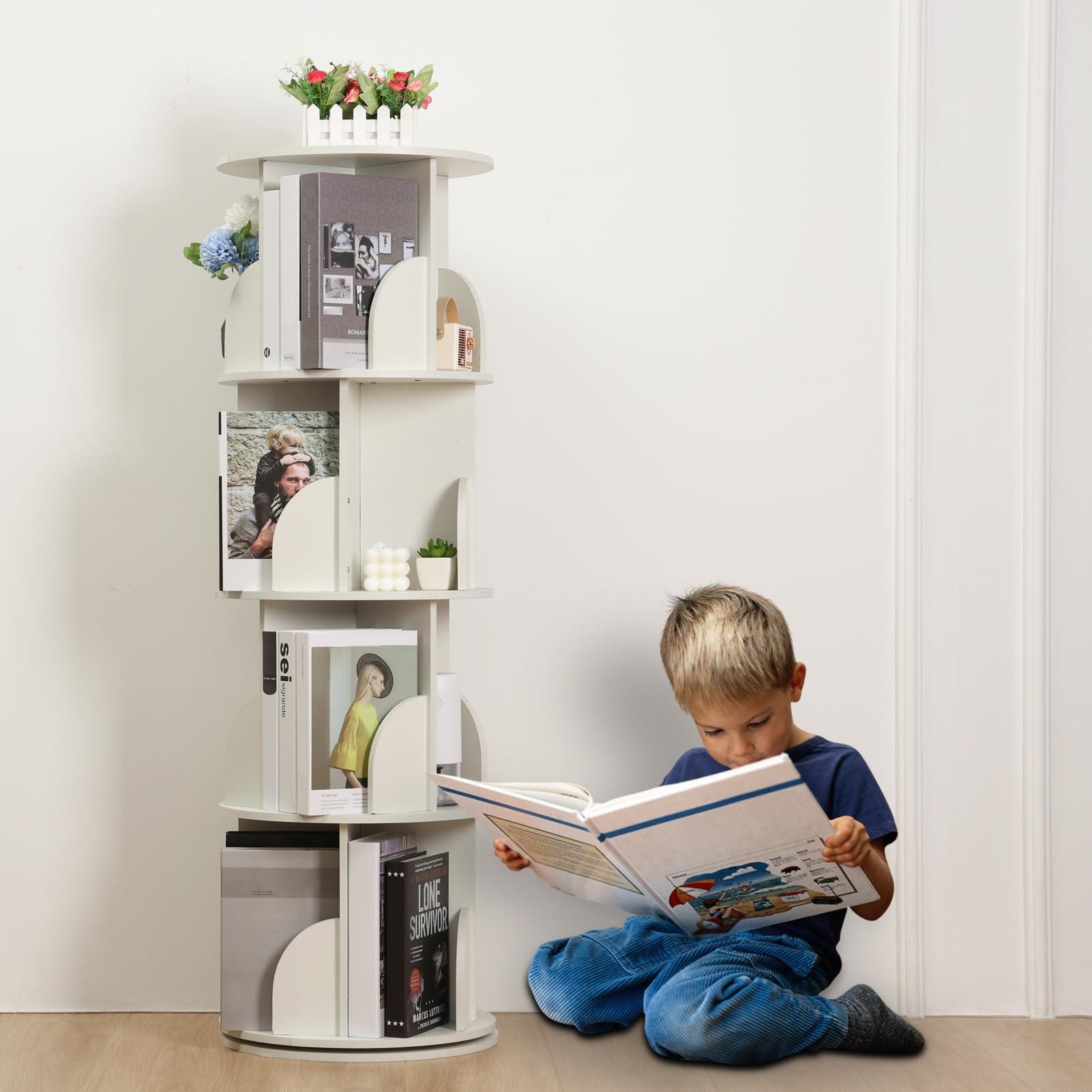 Makamsui Makamsui Rotating Bookshelf, 4 Tier Rotating Bookshelf Tower Floor Standing Bookcase, Small Corner Bookshelf Storage Rack for Small Space, Wood Narrow Book Shelf Organizer for Bedroom, Living Room Wh