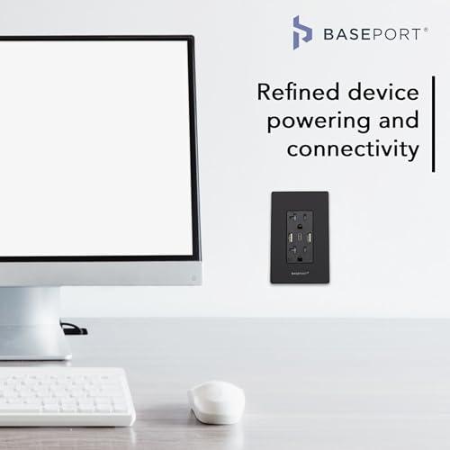 BASEPORT BASEPORT Premium Wall Outlet with USB Ports - 125V 20 Amp Outlet, 5V/6A USB Outlets Receptacles, Dual USB-A, 1 USB-C, Single Gang Black Faceplate
