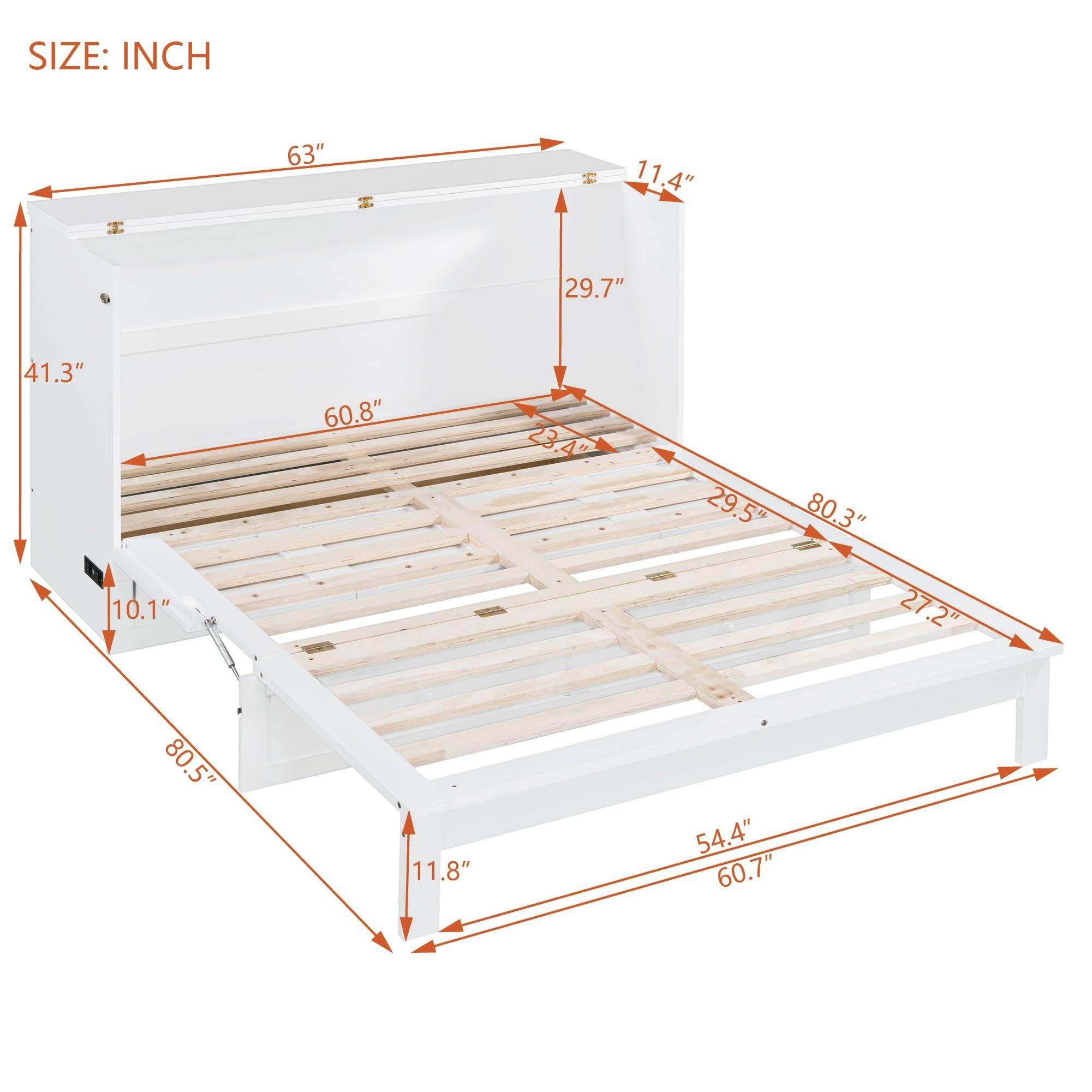 P PURLOVE P PURLOVE Queen Murphy Bed with Large Drawer, Wood Cabinet Bed with USB Ports and Three-Prong Outlets, No Box Spring Needed (White)