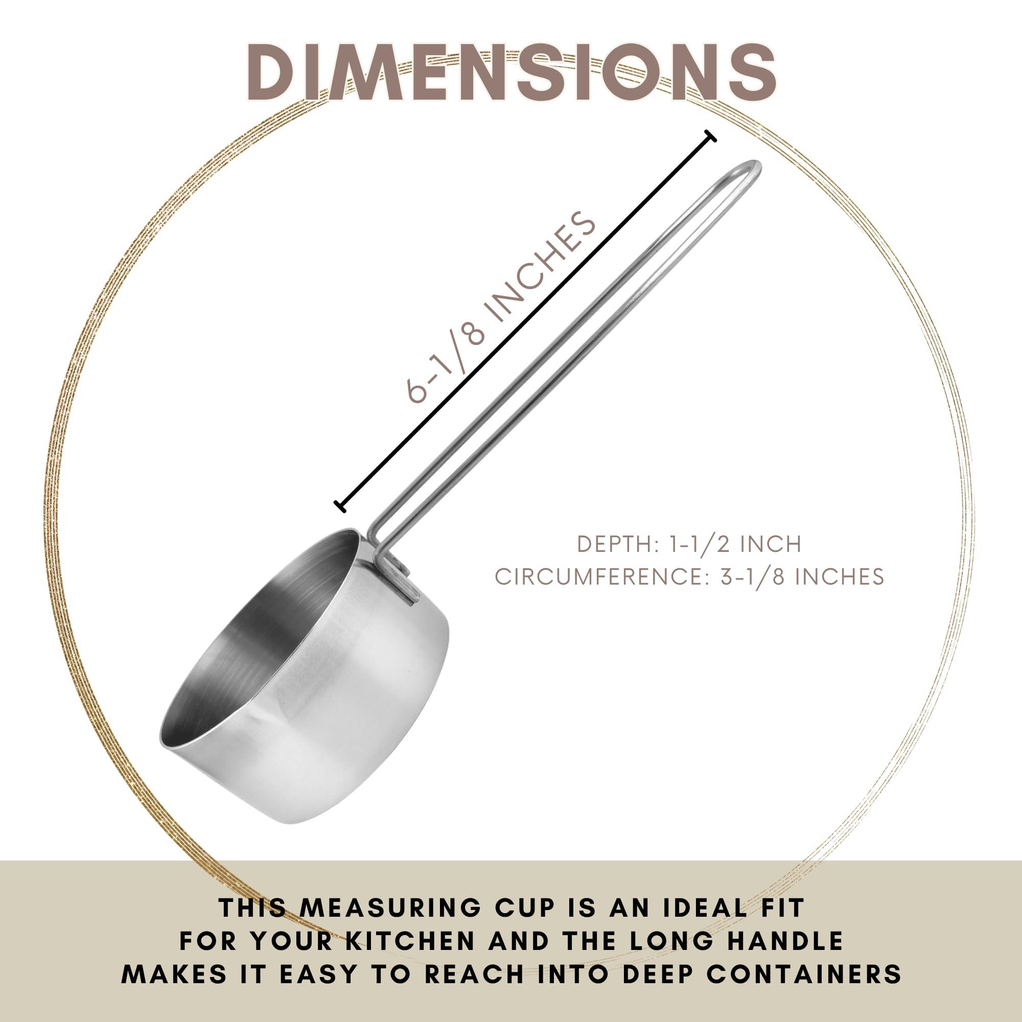 Knupp Co. 3/4 Cup Stainless Steel Measuring Cup, Long 6" Wire Loop Handle and Pour Spout | Sturdy Metal 177 ml | 177 cc | 6 oz | Single Cup for Wet and Dry Ingredients | Great for use as 3/4 Cup Dog Food Scoop